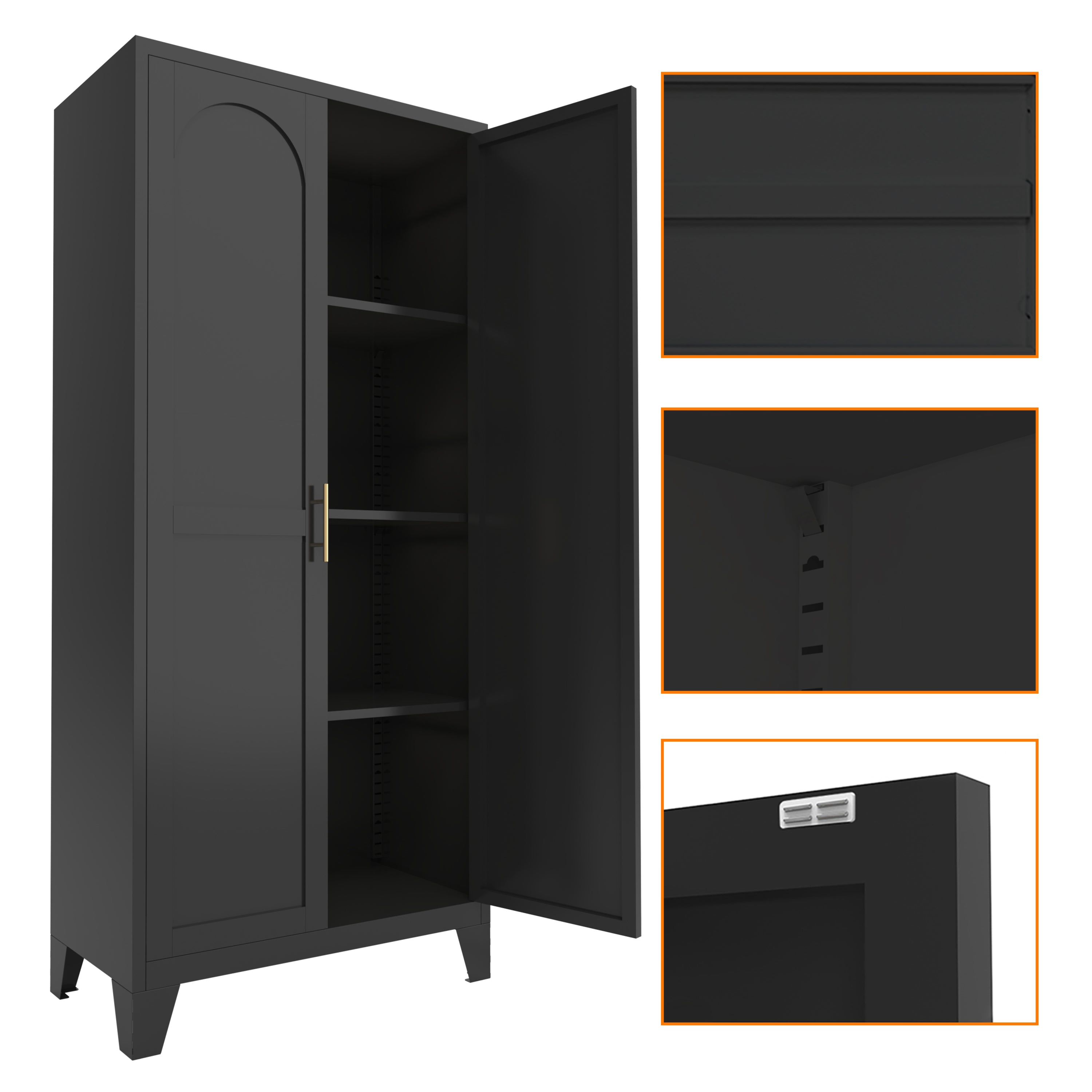 61'' 2 Shapely Doors Cabinet, Metal Storage Cabinet with Doors and Adjustable Shelves, for Bedroom, Living Room(Black) - Grand Goldman Shop