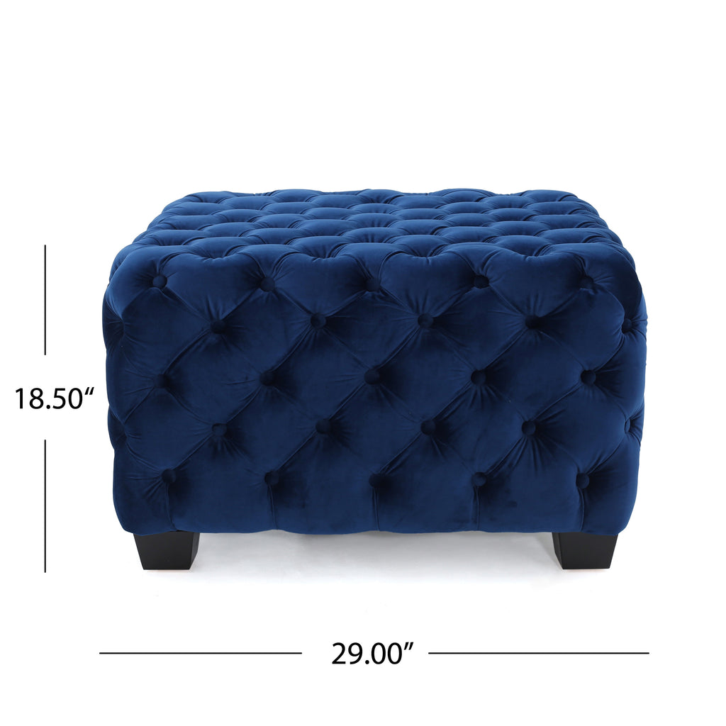 Modern Glam Ottoman with Velvet Upholstery and Button-Tufted Design in Navy Blue, 29 x 29 x 18.25 inches - Grand Goldman Shop