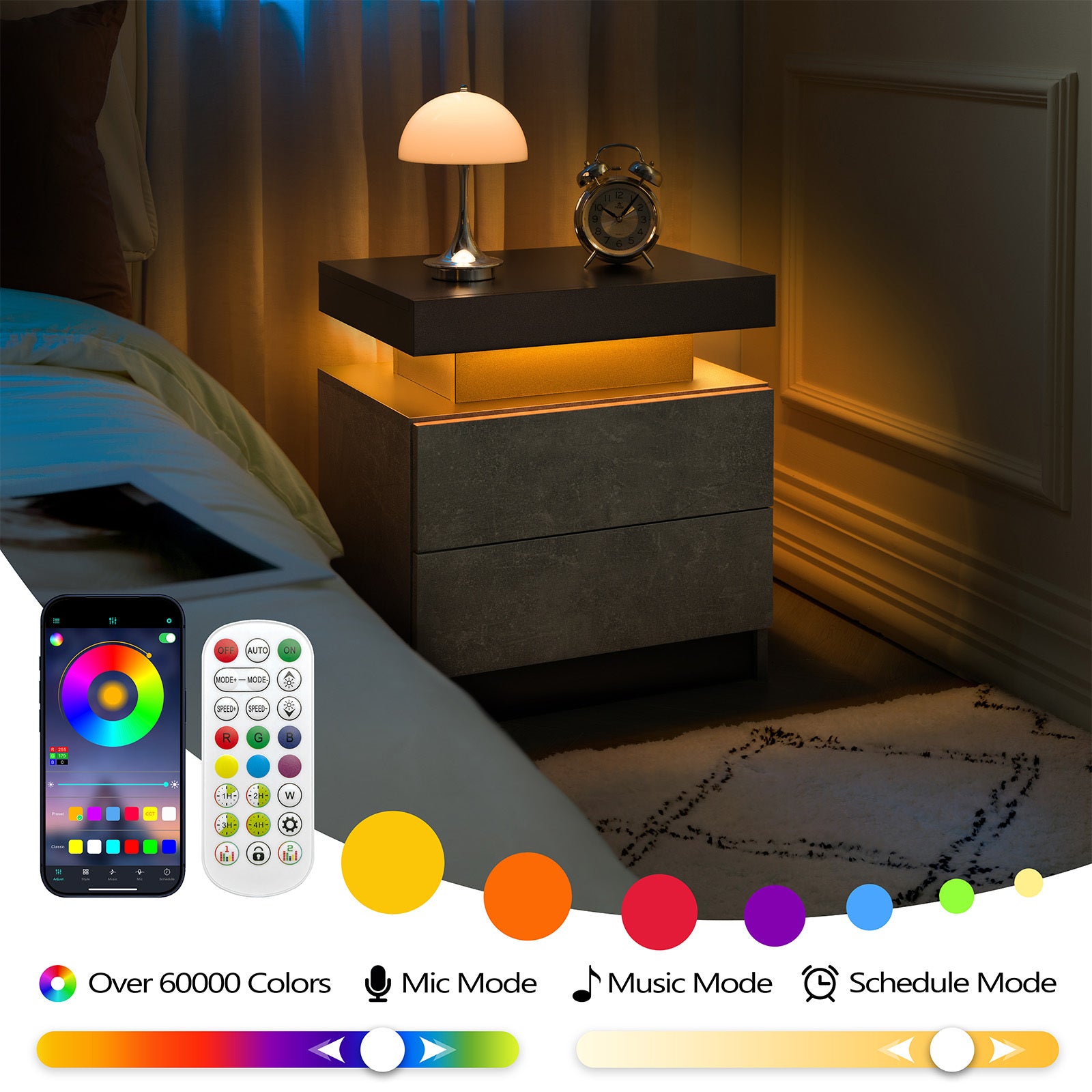 Nightstand LED Bedside Table Cabinet Lights Modern End Side with 2 Drawers for Bedroom (Black+Gray) - Grand Goldman Shop