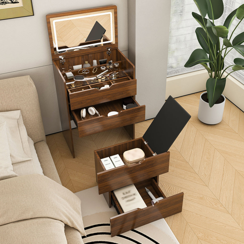 3-in-1 Vanity Desk with Lighted Mirror & Stool, Flip Top Makeup Dressing Table in Walnut Finish, Compact Storage for Bedroom, Bathroom, Dressing Room, 23.62'L - Grand Goldman Shop