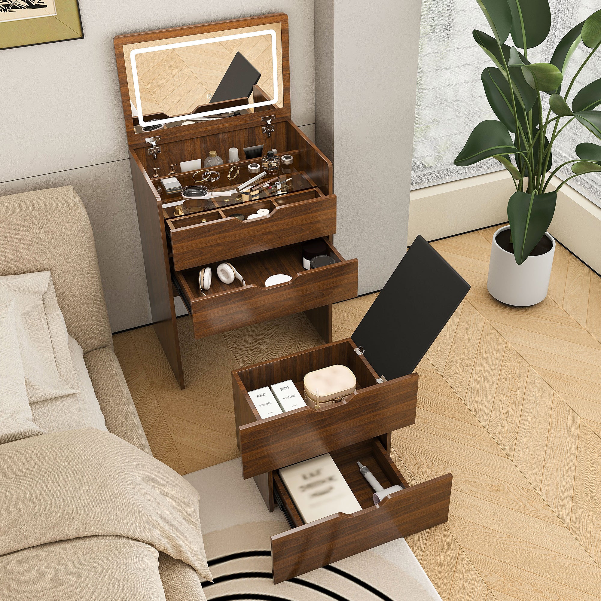 3-in-1 Vanity Desk with Lighted Mirror & Stool, Flip Top Makeup Dressing Table in Walnut Finish, Compact Storage for Bedroom, Bathroom, Dressing Room, 23.62'L - Grand Goldman Shop