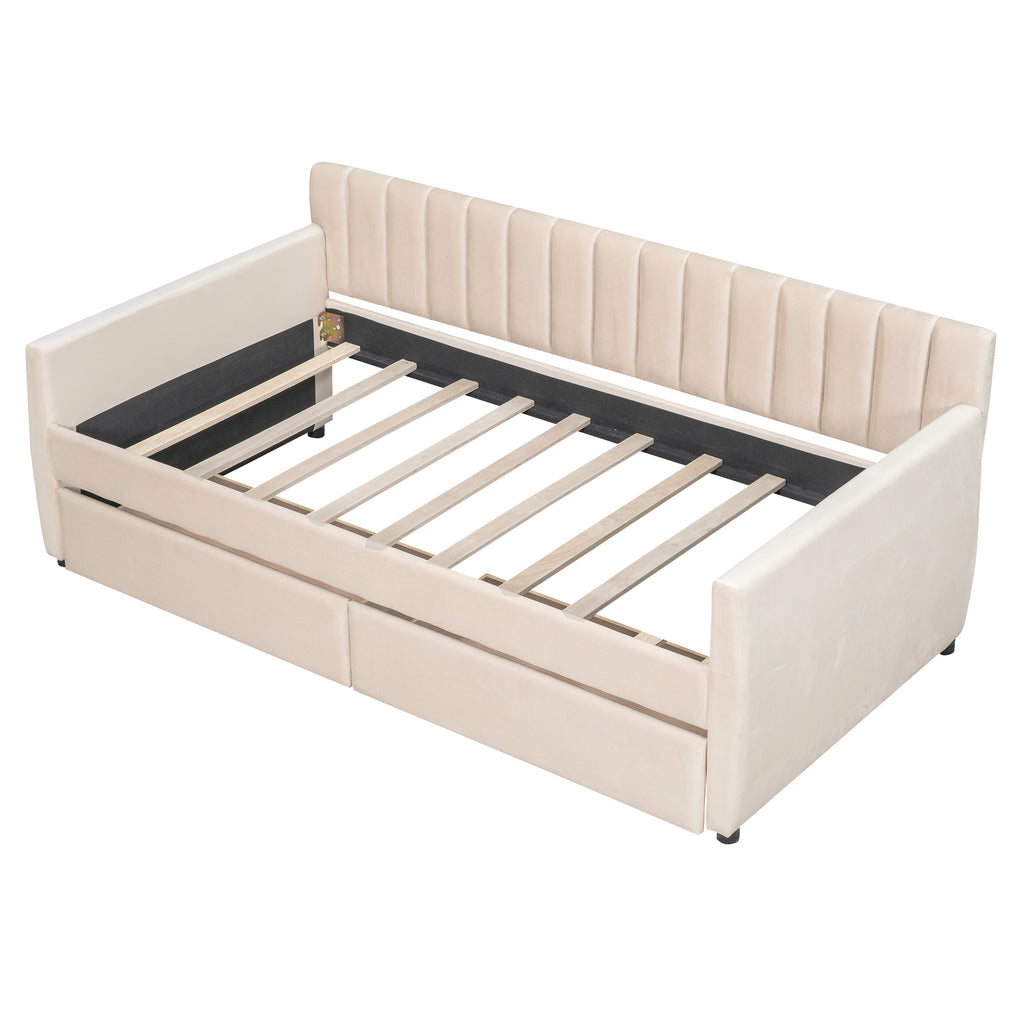 Twin Size Upholstered daybed with Drawers, Wood Slat Support, Beige - Grand Goldman Shop