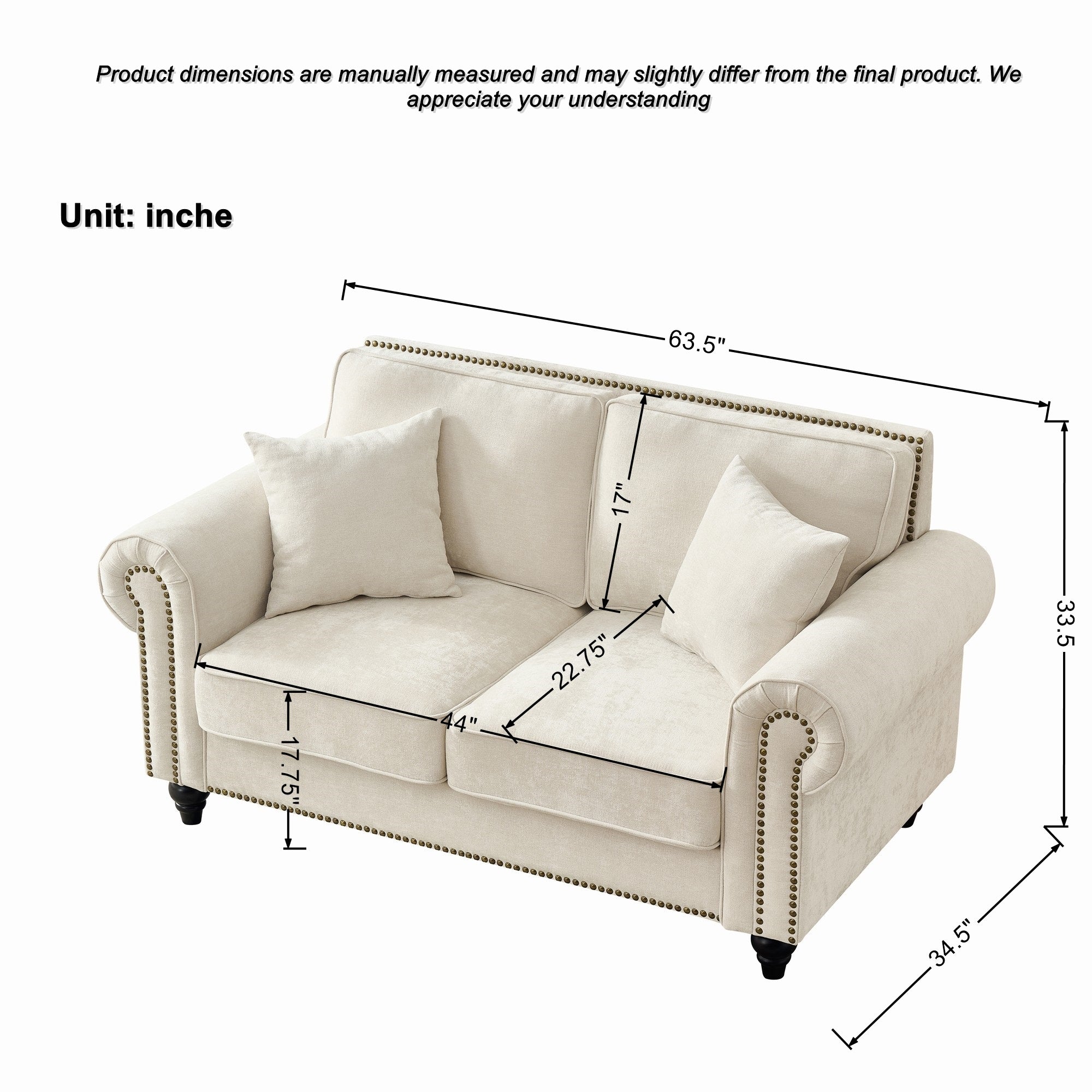 Modern 2-Seater Sofa with Rolled Arms, Tufted Upholstery, Wood Legs, Nailhead Trim, Beige Fabric, 63' - Grand Goldman Shop
