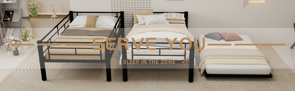 Heavy-duty Sturdy Metal Twin over Twin Bunk Bed with Noise Reduction, Safety Guardrail, No Box Spring Needed, Black - Grand Goldman Shop