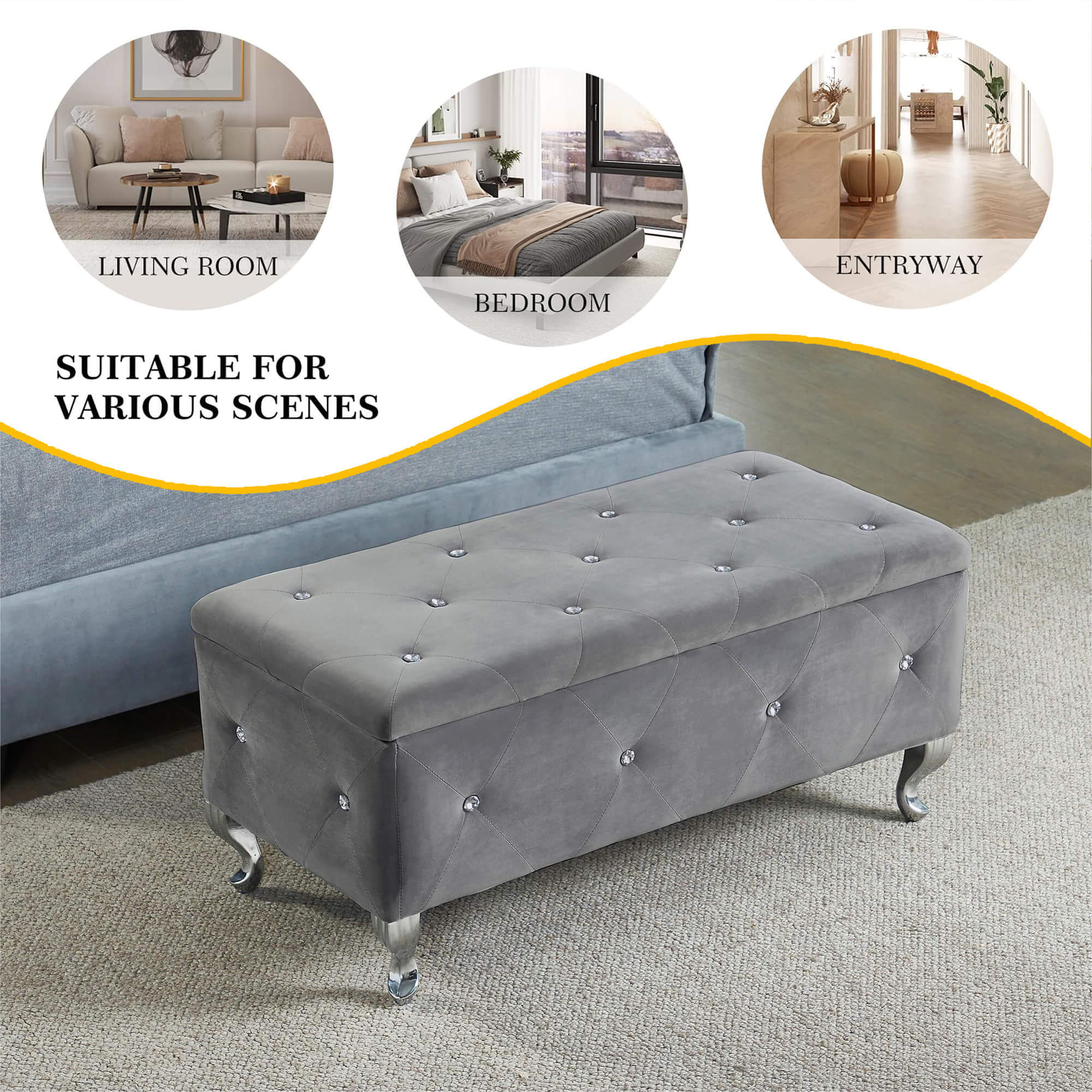 Tufted Storage Ottoman Bench For Bedroom End Of Bed Large Upholstered Storage Benches Footrest With Crystal Buttons For Living Room Entryway (Grey) - Grand Goldman Shop