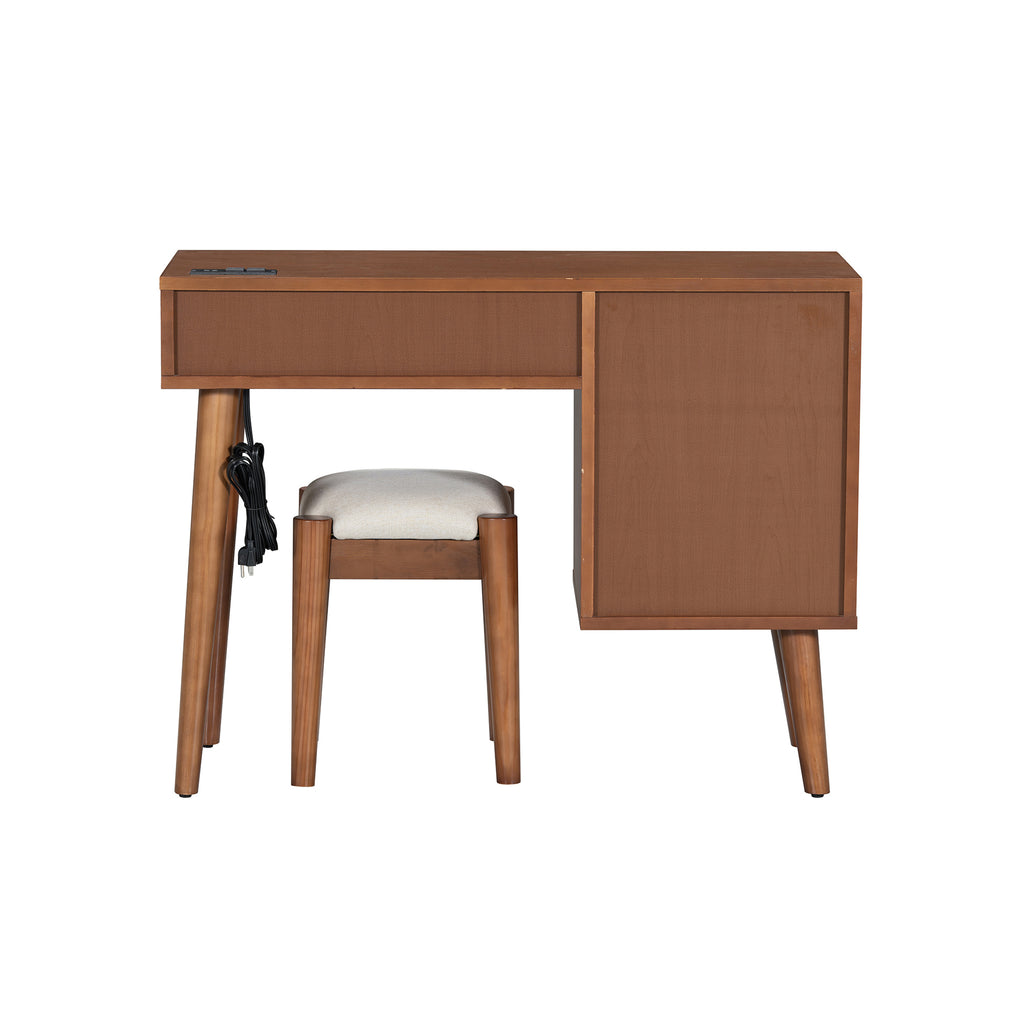 39' Retro Bohemian Style Wooden Makeup Vanity Set with Charging Plug&USB Port and Stool, Dressing Table with 3 Storage Drawers and 1 Rectangular Rattan Drawer, Walnut - Grand Goldman Shop