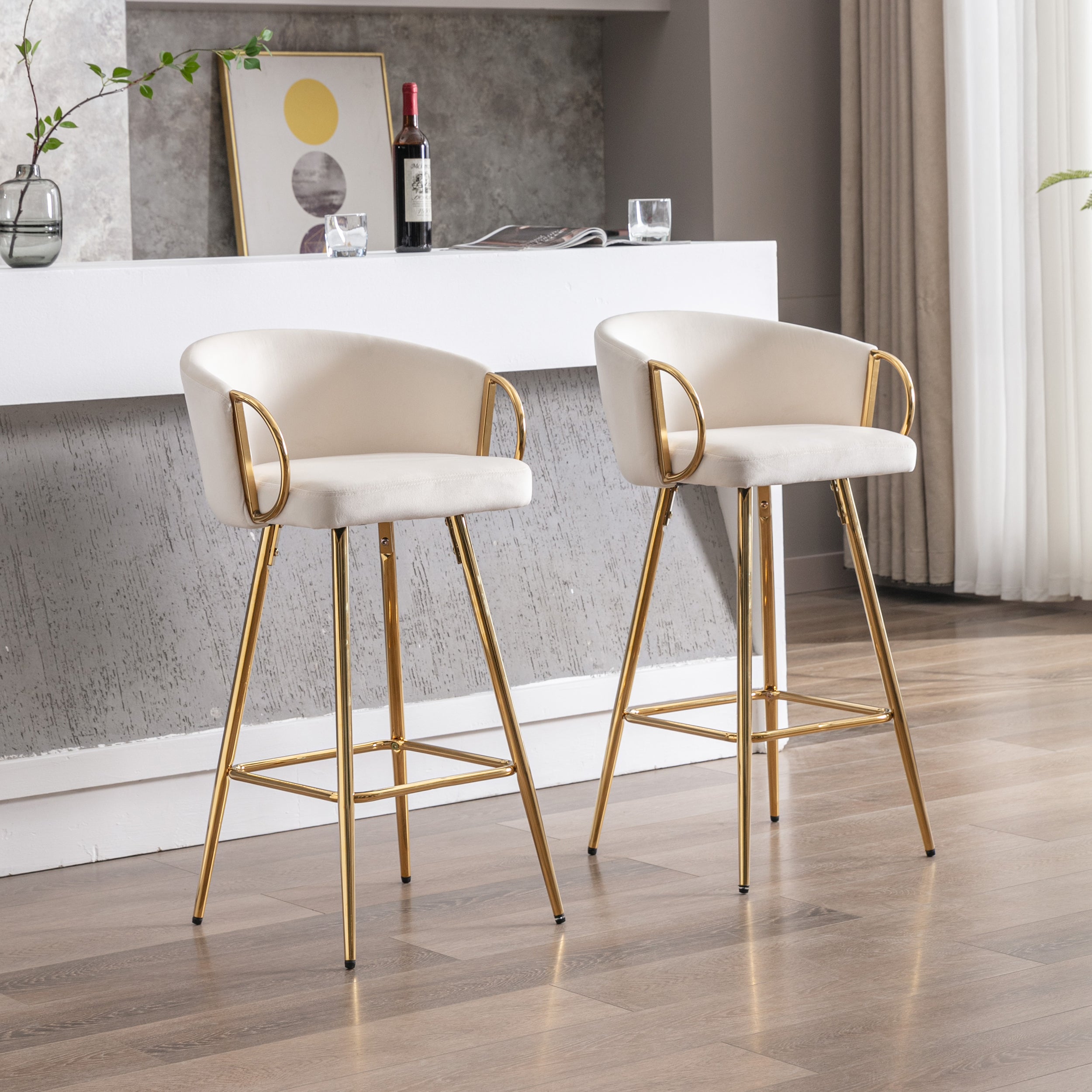 26 Inch Set of 2 Bar Stools,with Chrome Footrest and Base Velvet + Golden Leg Simple Bar Stoo,CREAM - Grand Goldman Shop