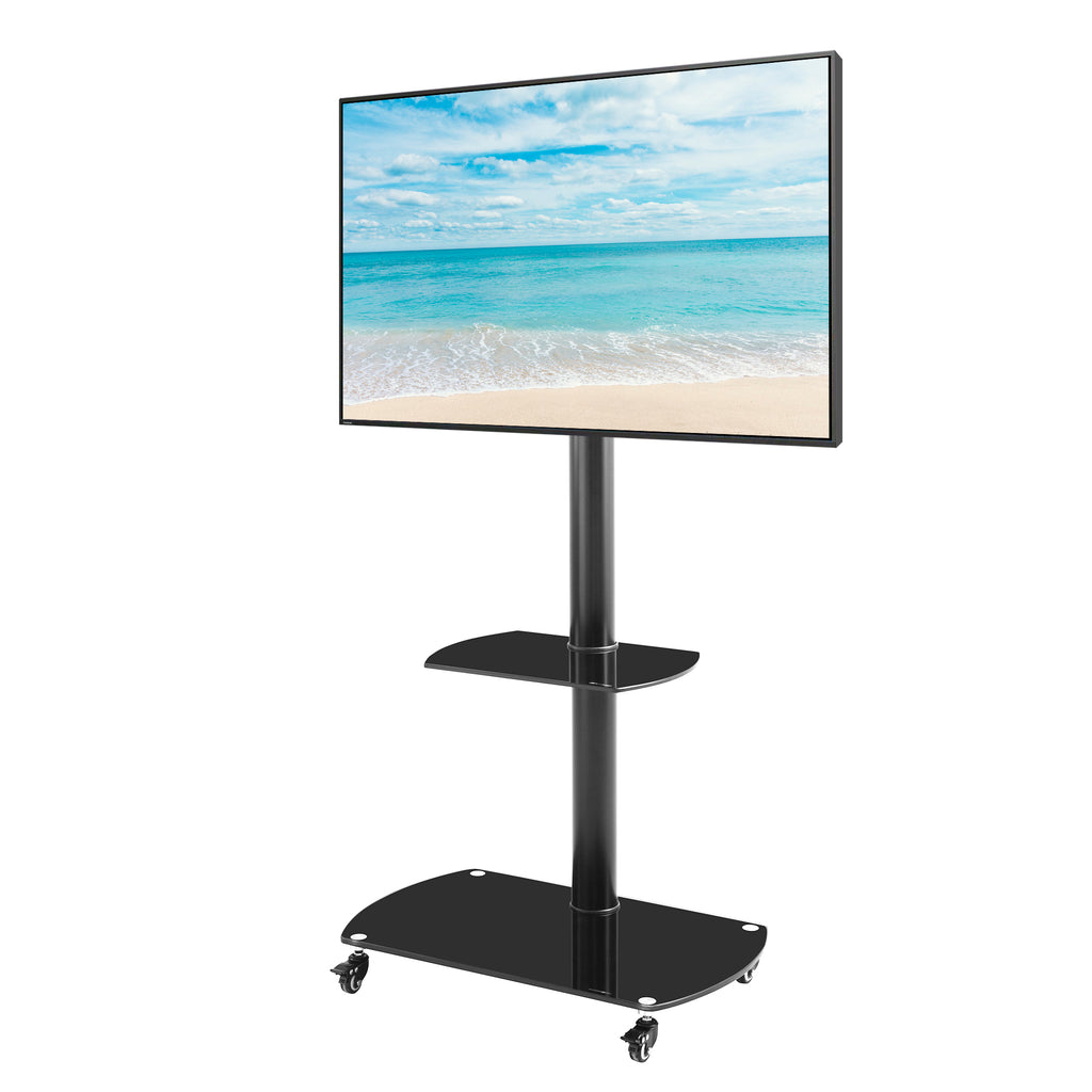 Height and Angle Adjustable Mobile TV Stand with Tempered Glass Shelves and Lockable Wheels, Black Metal Frame, Fits 32-65 Inch TVs - Grand Goldman Shop