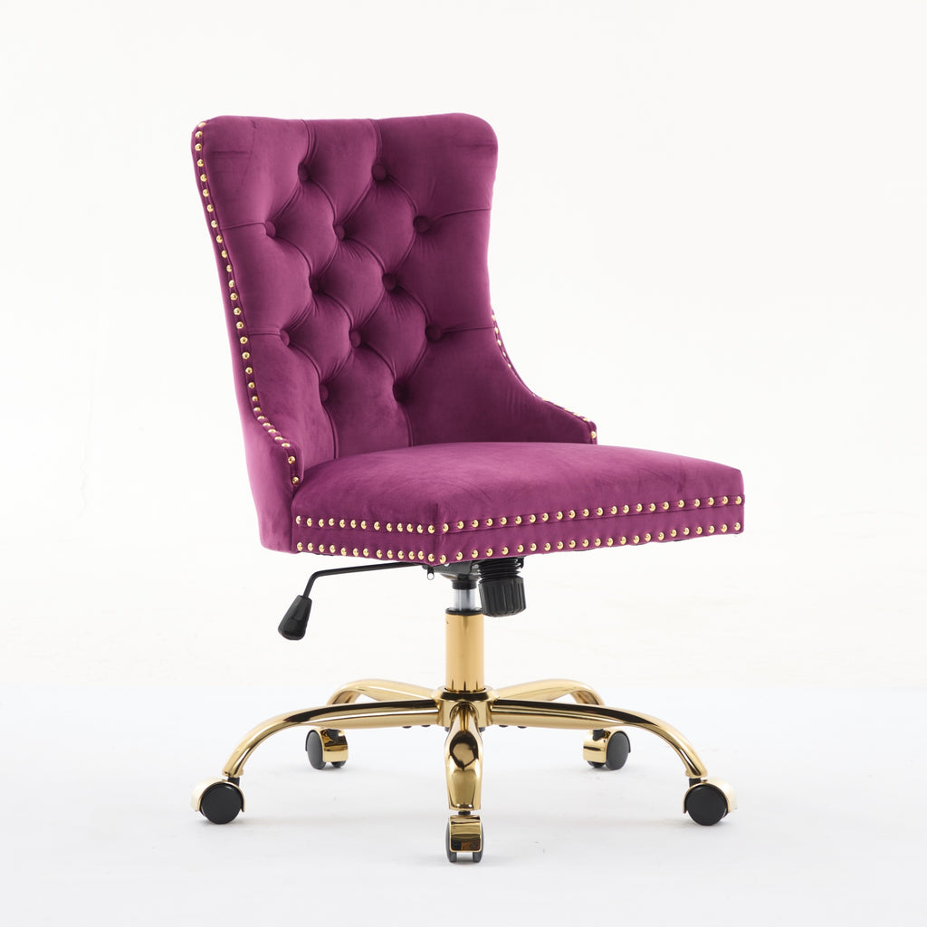 A&A Furniture Office Chair,Modern Velvet Upholstered Tufted Button Home Office Chair with Golden Metal Base,Adjustable Desk C