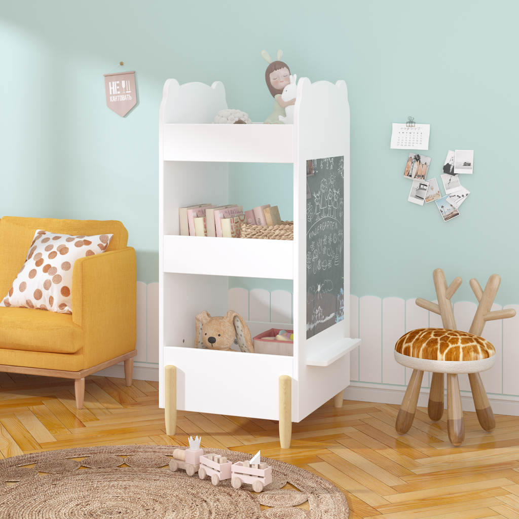 Kids Bookshelf with Chalkboard Side – Bear-Shaped Wooden Bookcase with 3-Tier Storage, Drawing Board for Toddlers, Toy and Bo