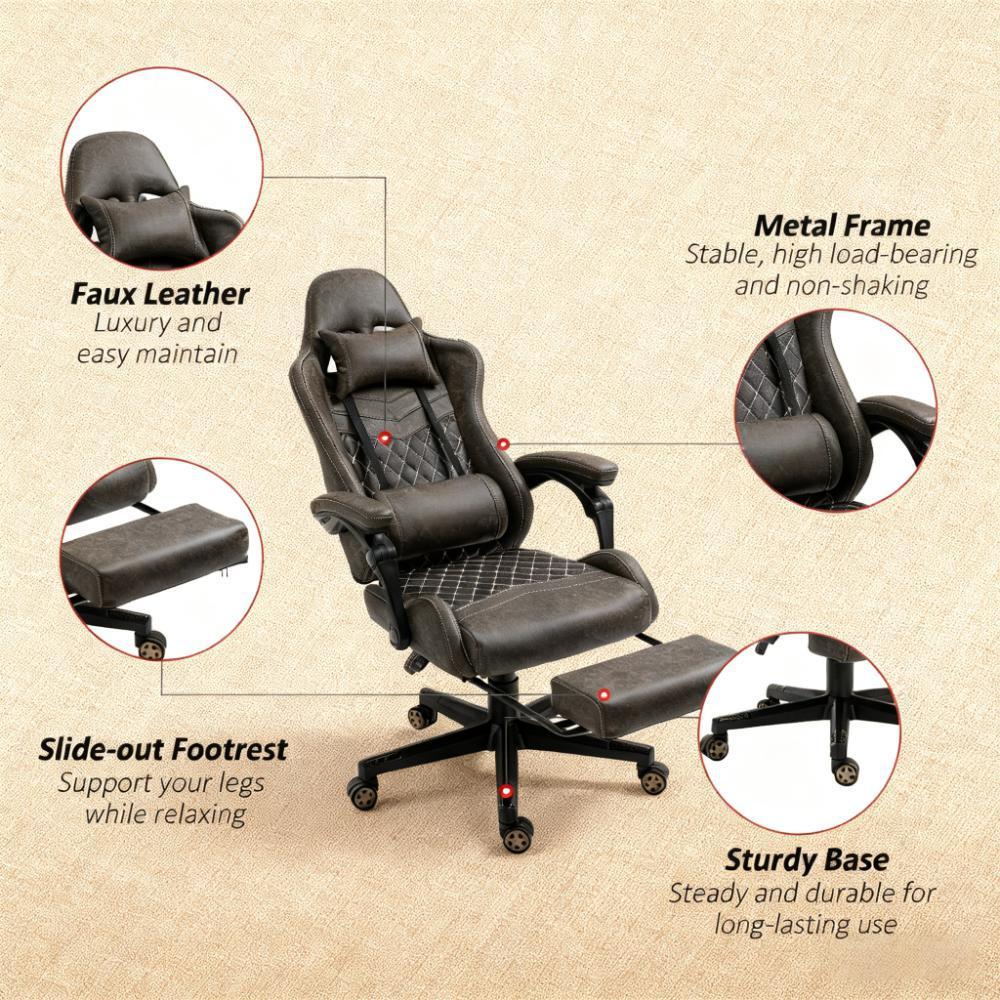 PU Leather Office Gamer Chair High Back Swivel Recliner with Footrest,Lumbar Support,Adjustable Height - Grand Goldman