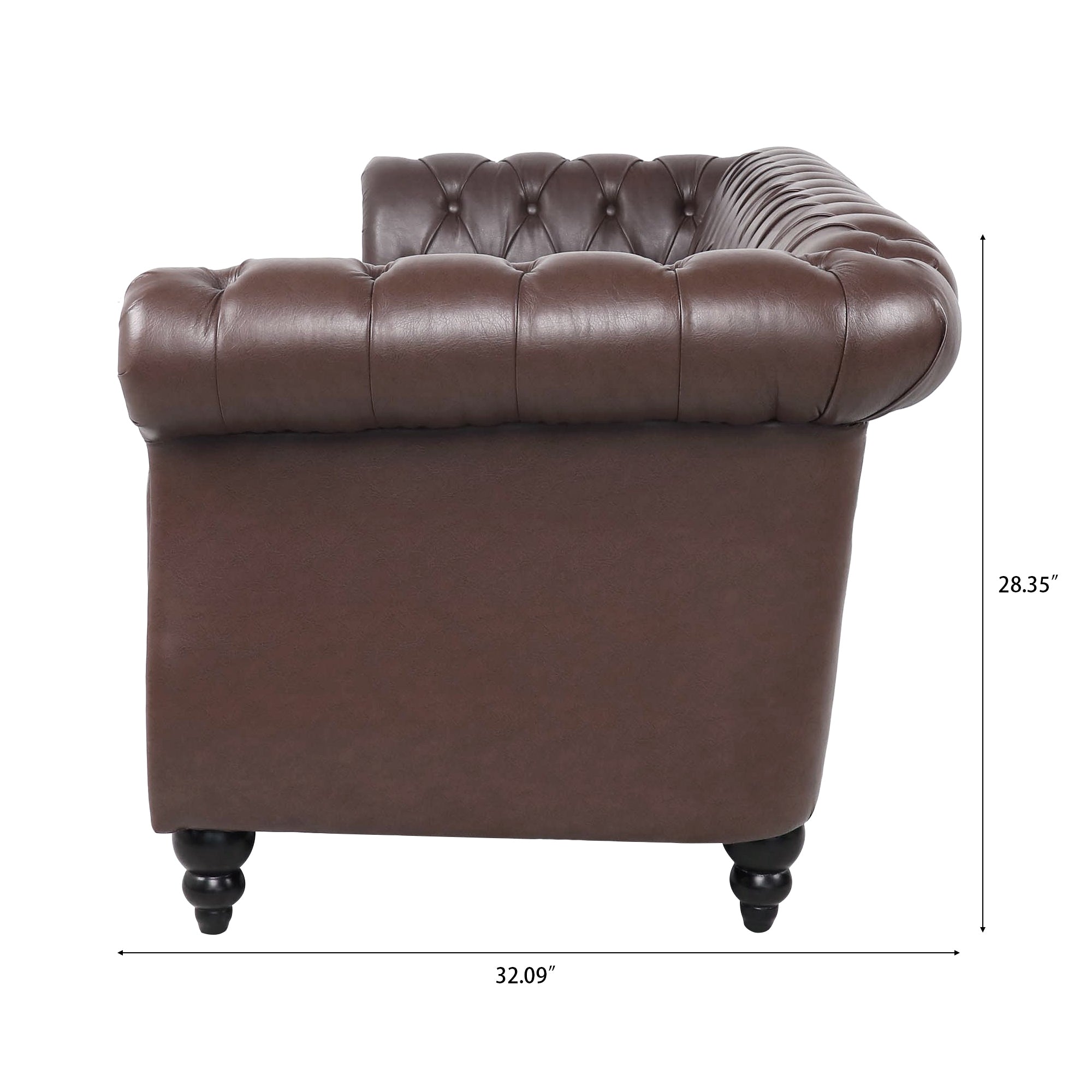Dark Brown PU Rolled Arm Chesterfield Three Seater Sofa with Solid Wood Frame and Birch Legs - Grand Goldman Shop