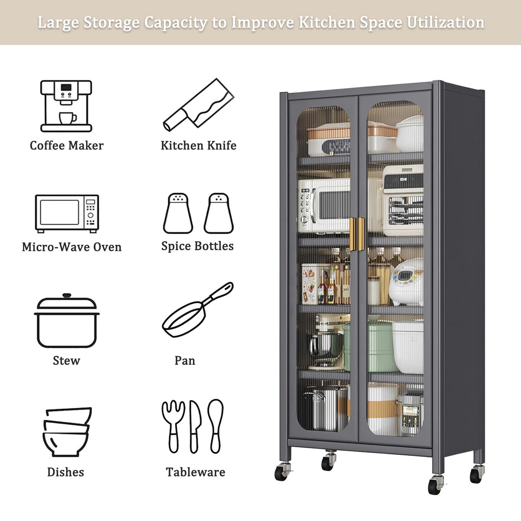 65'  Metal 6-Tier Storage Cabinet with Transparent Door, Adjustable Shelves & Wheels, for Kitchen Pantry Organization, Gray Metal - Grand Goldman Shop