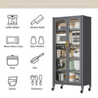 65'  Metal 6-Tier Storage Cabinet with Transparent Door, Adjustable Shelves & Wheels, for Kitchen Pantry Organization, Gray Metal - Grand Goldman Shop
