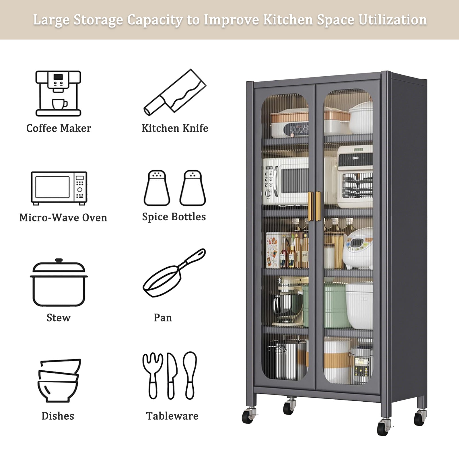 65'  Metal 6-Tier Storage Cabinet with Transparent Door, Adjustable Shelves & Wheels, for Kitchen Pantry Organization, Gray Metal - Grand Goldman Shop