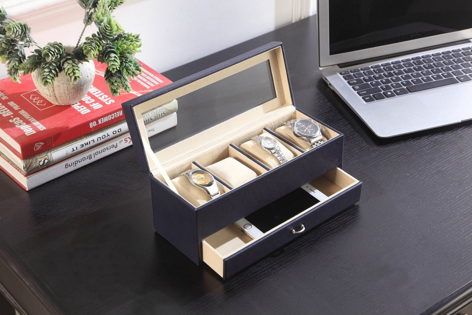 9.3' Long Tempered Glass and Leather Jewelry / Watch Display with Drawers, Blue - Grand Goldman Shop