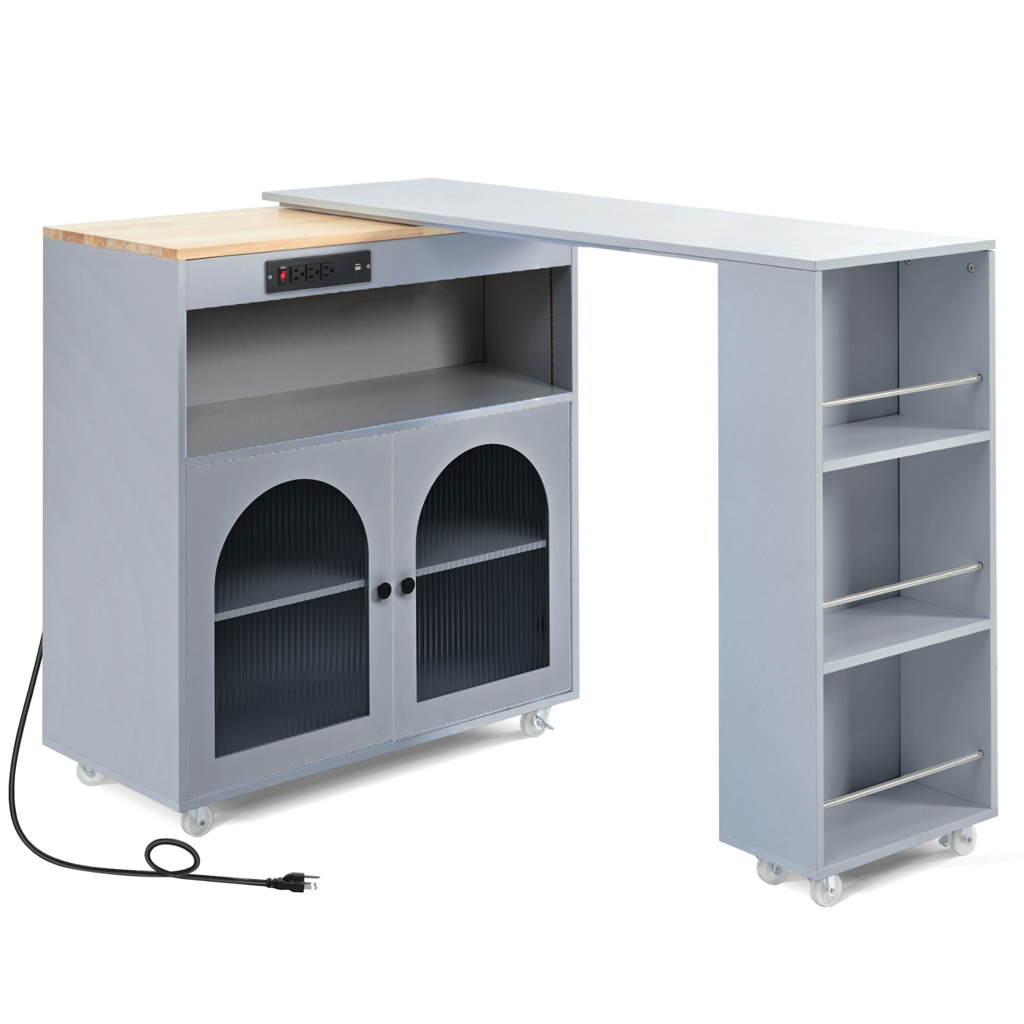 K&K Rolling Kitchen Island With Extended Table, Kitchen Island on Wheels with LED Lights,Power Outlets and 2 Fluted Glass Doors, Kitchen Island with a Storage Compartment and Side 3 Open Shelves, Grey - Grand Goldman Shop