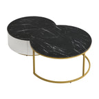 Modern Round Nesting Coffee Table Fluted with Drawer in Black & Gold in 31.5'' - Grand Goldman Shop