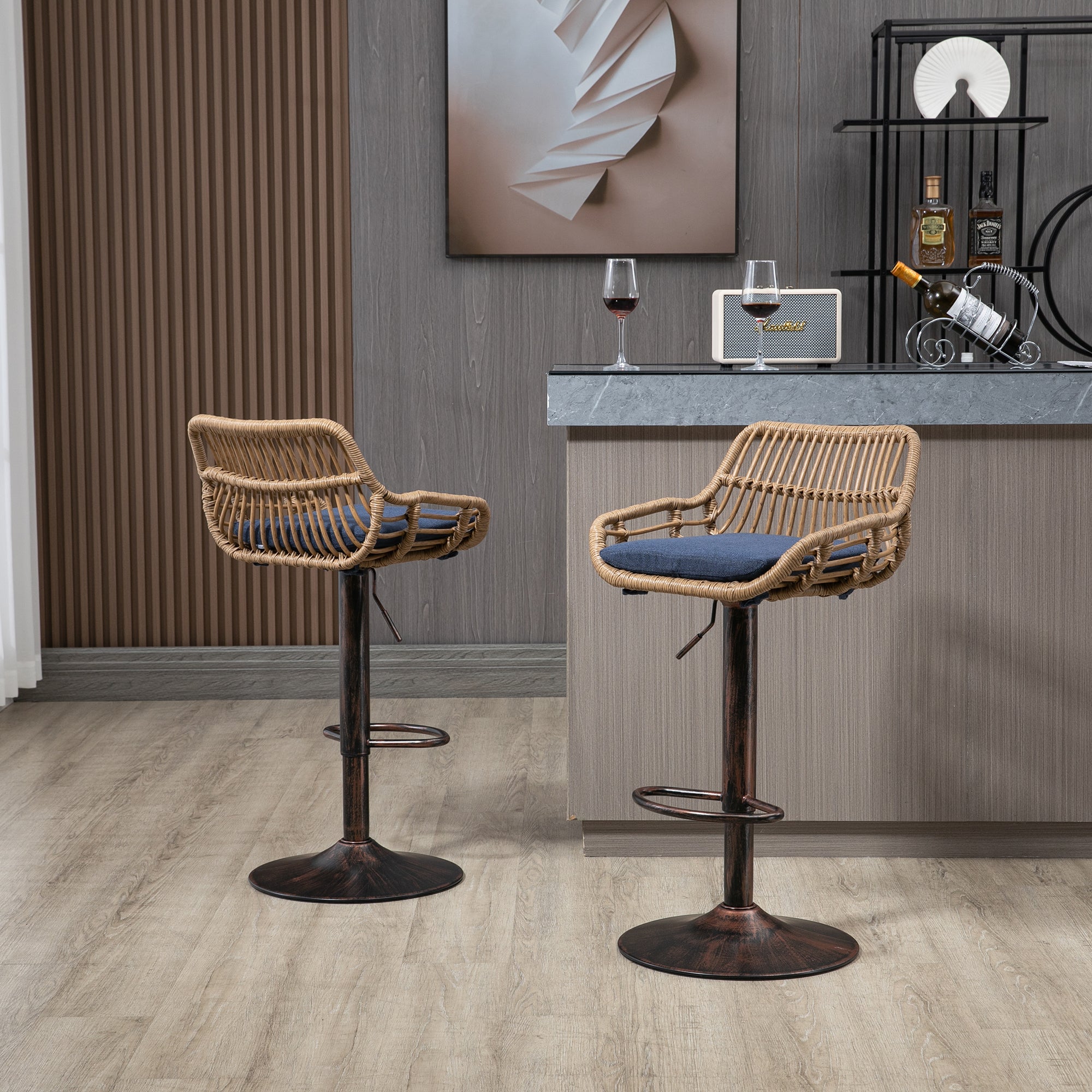 COOLMORE Modern Swivel Bar Stools Set of 2 Adjustable Counter Height Chairs with Footrest Blue Linen - Grand Goldman Shop