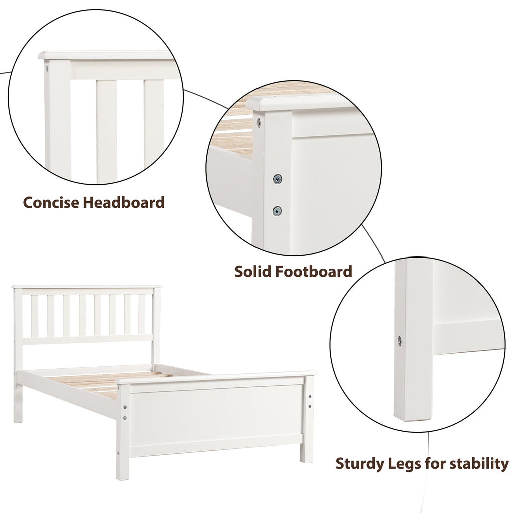 Twin Size Wood Platform Bed with Headboard, Footboard, Wood Slat Support, White Finish - Grand Goldman Shop