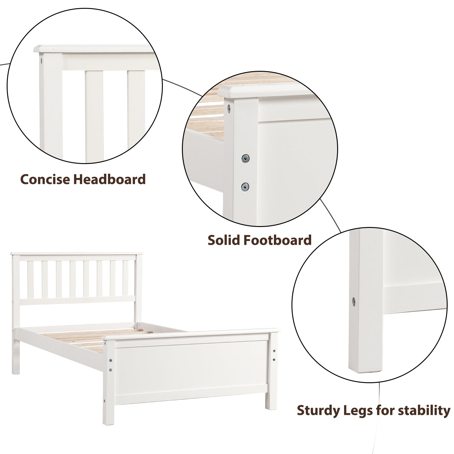 Twin Size Wood Platform Bed with Headboard, Footboard, Wood Slat Support, White Finish - Grand Goldman Shop