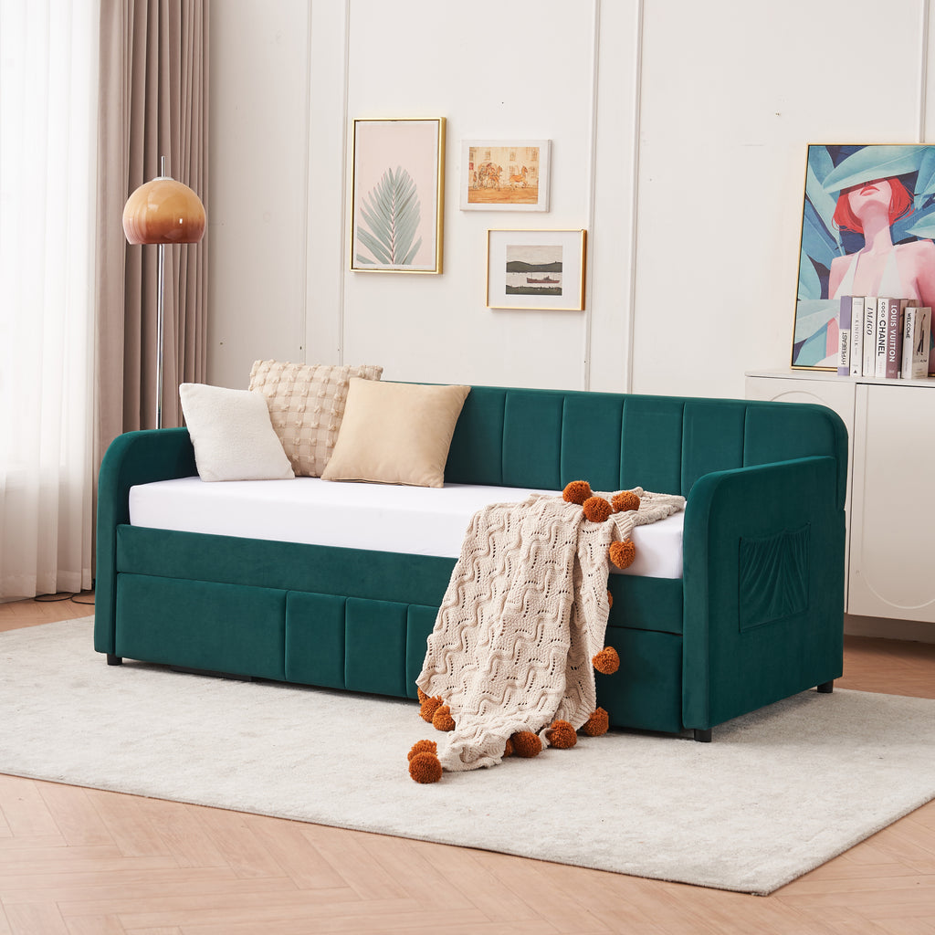 Twin Upholstered Daybed Frame with Trundle, Twin Size Sofa Bed for Bedroom Living Room Guest Room, Wood Slat Support,Emerald - Grand Goldman Shop