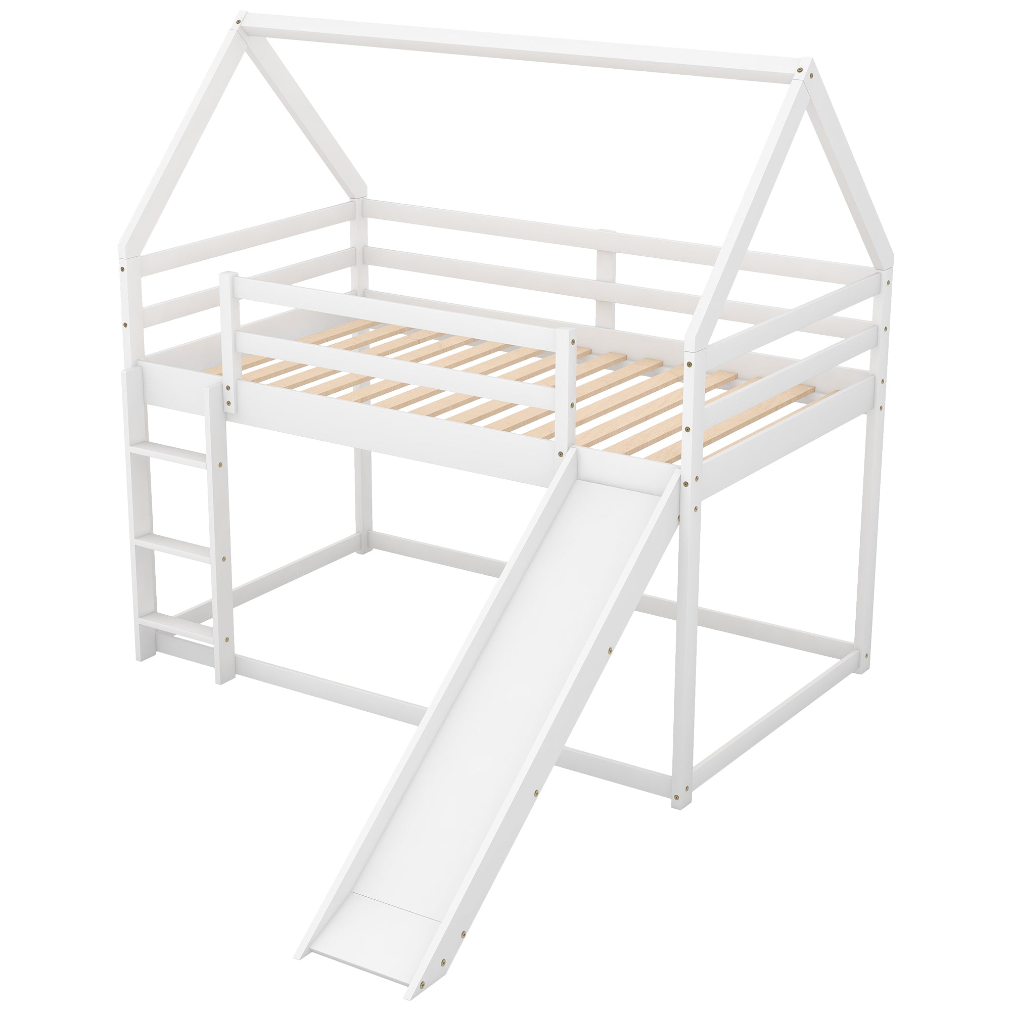 Twin Bunk House Bed with Slide and Ladder, White - Grand Goldman Shop