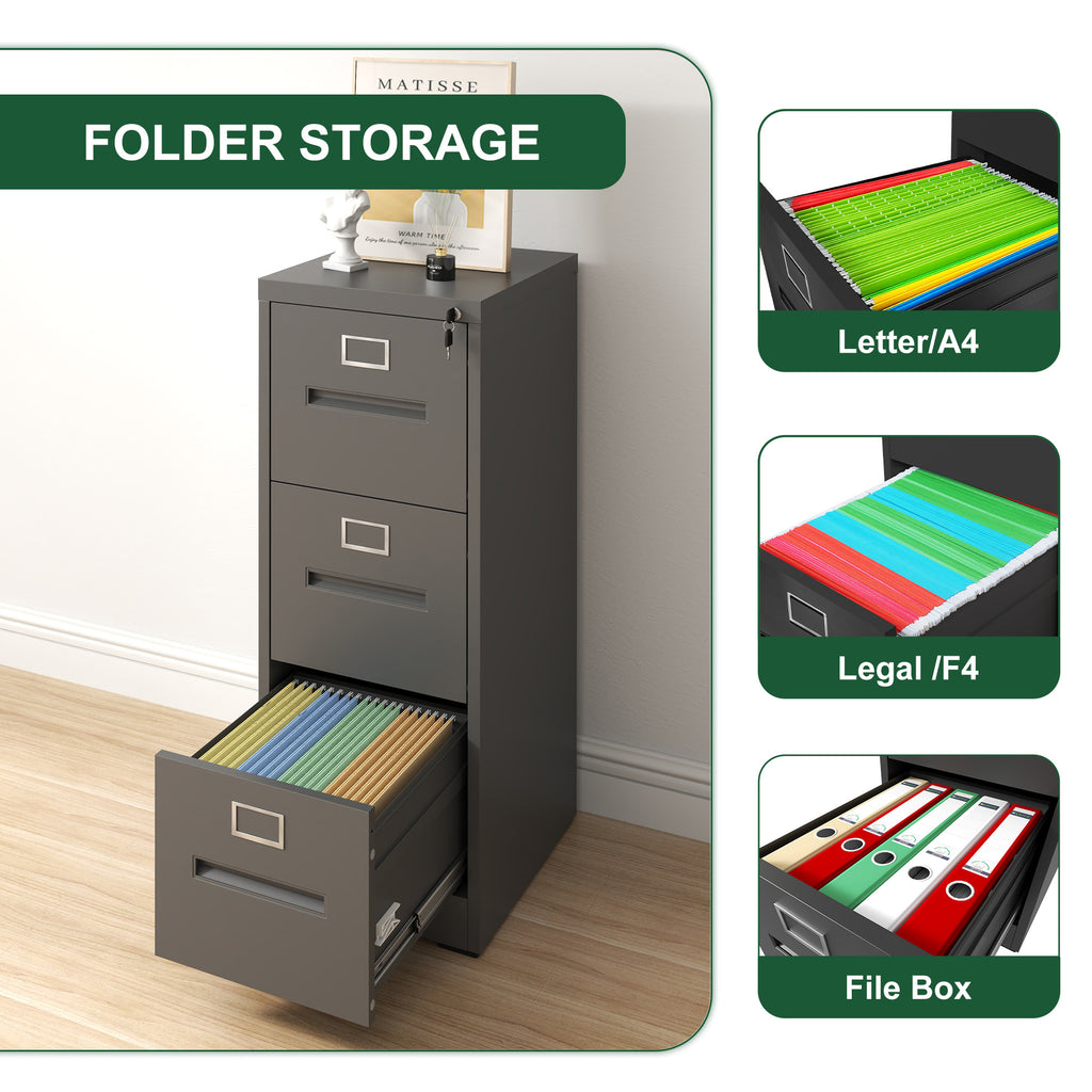 Premium Metal 3 Drawer File Cabinet with Lock for A4 Legal/Letter Size Storage, Black Steel, 15.16x17.72x40.39 inches - Grand