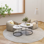 Nesting Coffee Table Set of 2, 27.6inch Round Wood Marble Pattern Top with Sturdy Metal Frame, White Living Room End Tables for Bedroom Balcony Yard - Grand Goldman Shop