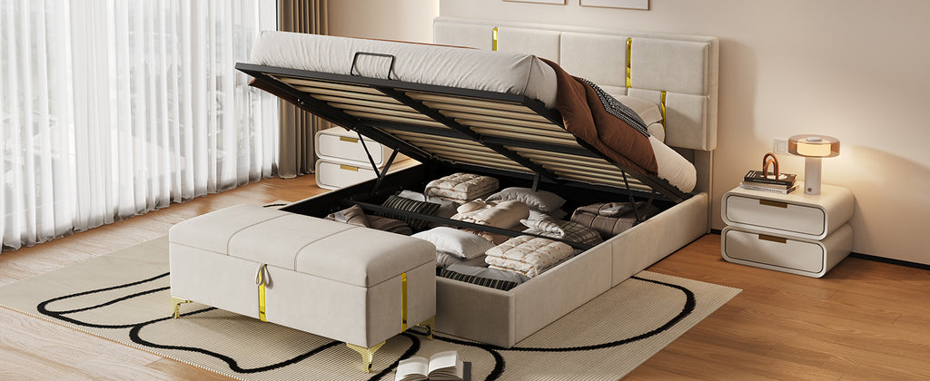 2-Pieces Bedroom Sets,Queen Size Upholstered Platform Bed with Hydraulic Storage System,Storage Ottoman with Metal Legs,Beige(Old SKU:N733S207778A) - Grand Goldman Shop