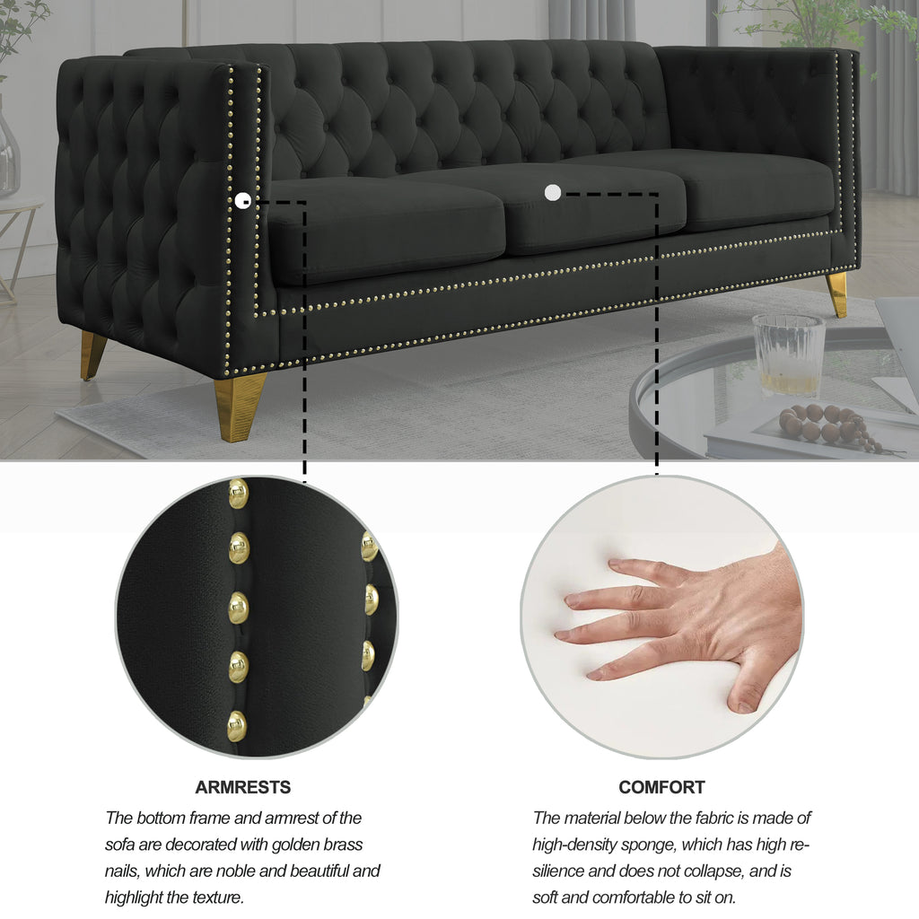 Modern Black Velvet Sofa with Button Tufting and Metal Legs, 3-Seater Couch for Living Room or Bedroom, Upholstered in Soft Velvet with Solid Wood Frame - Grand Goldman Shop