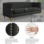 Modern Black Velvet Sofa with Button Tufting and Metal Legs, 3-Seater Couch for Living Room or Bedroom, Upholstered in Soft Velvet with Solid Wood Frame - Grand Goldman Shop
