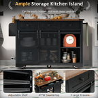 K&K 53.7' Farmhouse Kitchen Island with Power Outlet, 2 Sliding Barn Door Kitchen Storage Island with Drop Leaf, Spice Rack Rolling Kitchen Cart on Wheels, for Home, Kitchen and Dining Room, Black - Grand Goldman Shop