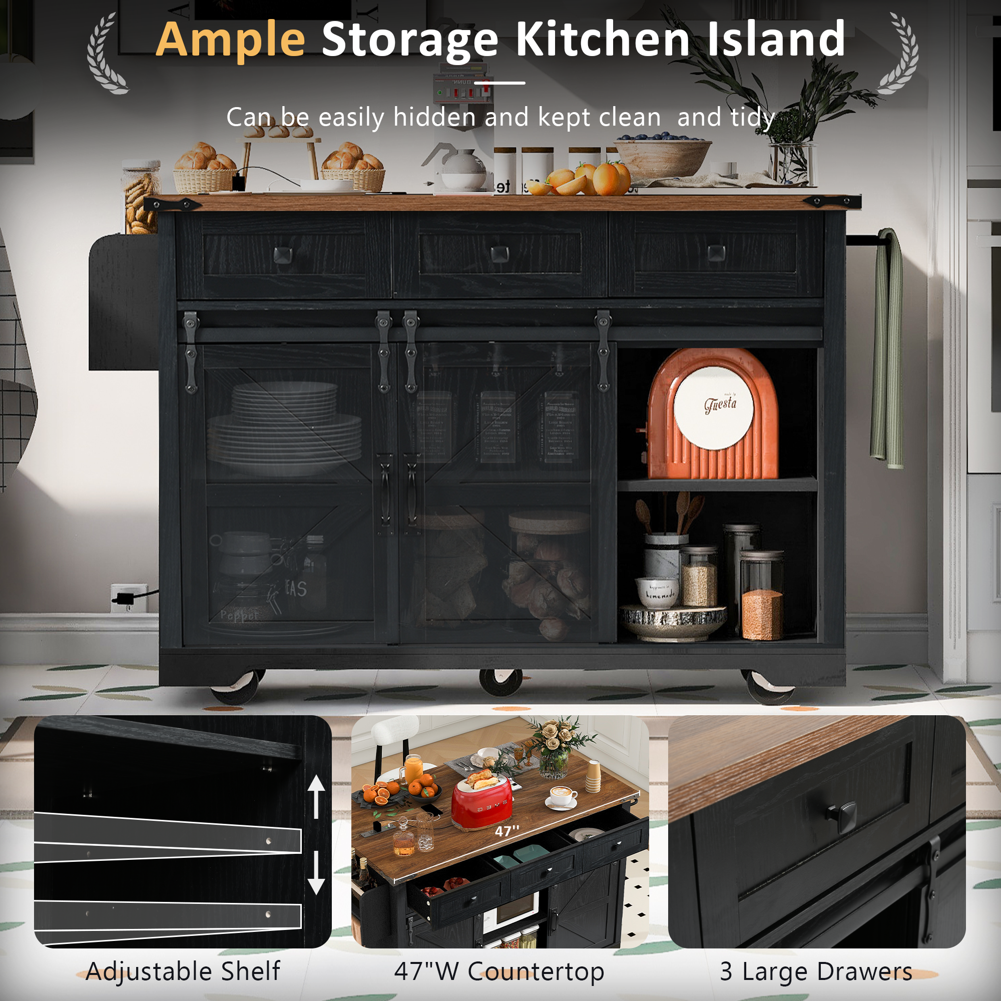 K&K 53.7' Farmhouse Kitchen Island with Power Outlet, 2 Sliding Barn Door Kitchen Storage Island with Drop Leaf, Spice Rack Rolling Kitchen Cart on Wheels, for Home, Kitchen and Dining Room, Black - Grand Goldman Shop