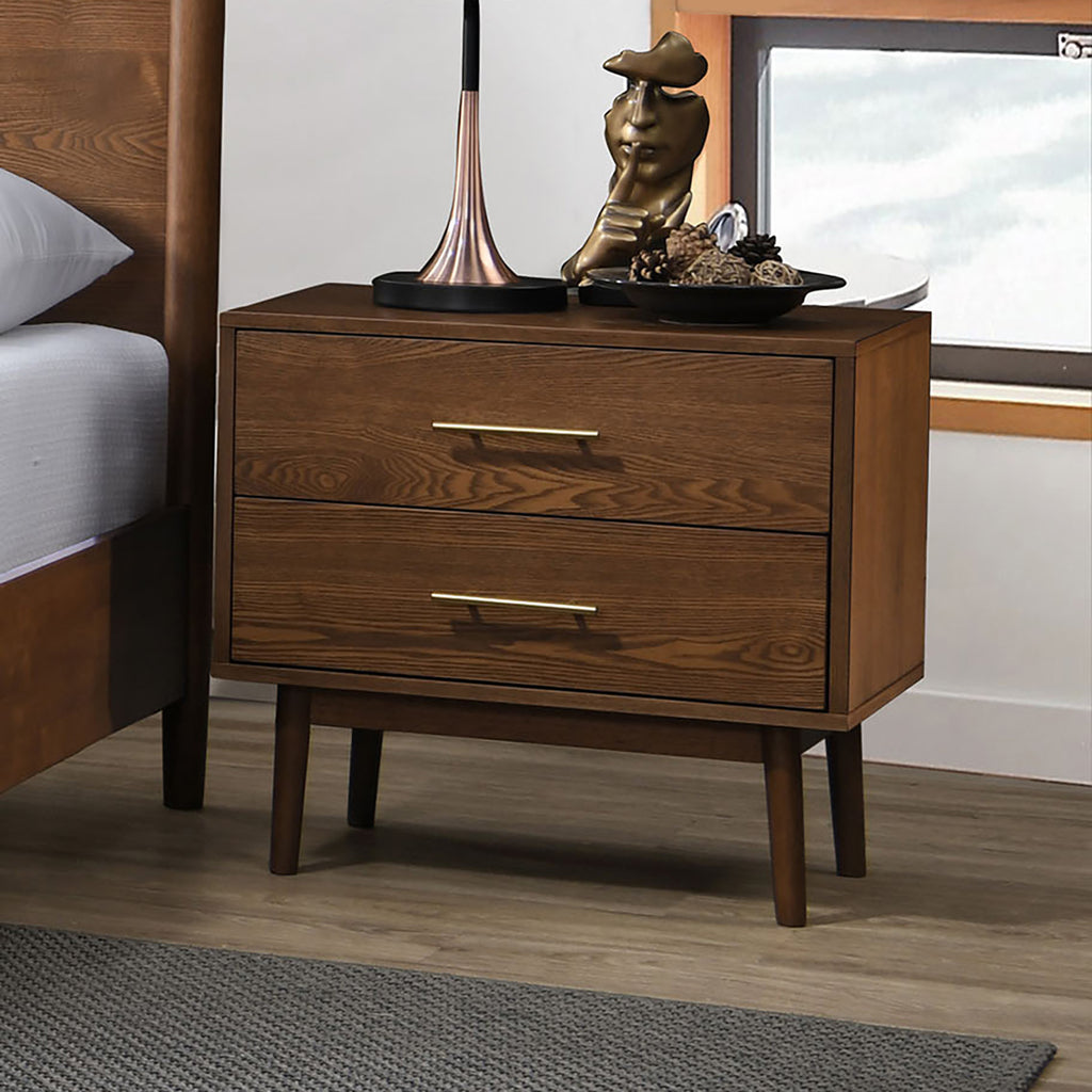 Walnut Color 3pc Bedroom Set Eastern King Size Bed 2x Nightstands Beige Upholstered Fabric Panel HB Mid-Century Modern Style - Grand Goldman Shop