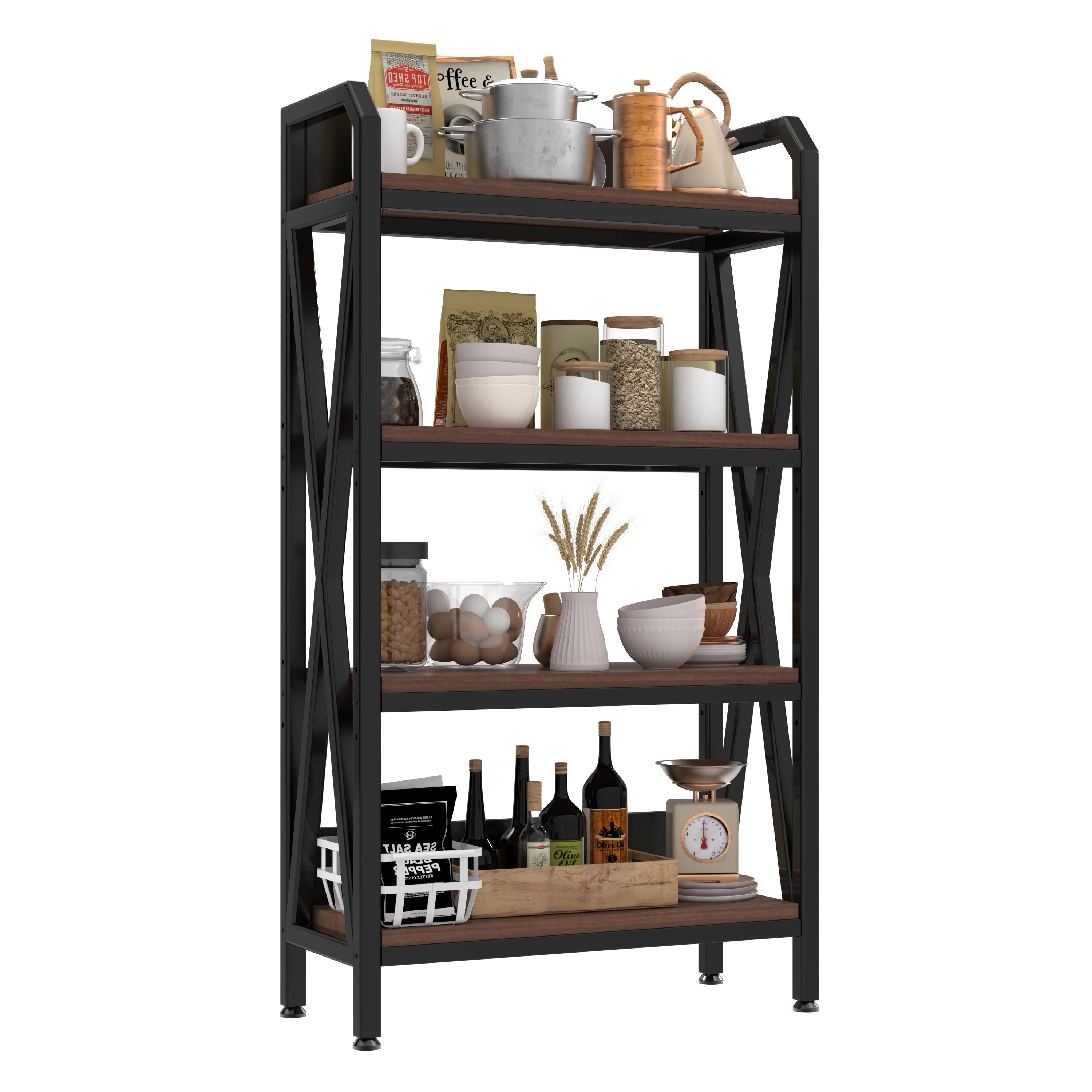 56.30'' Bakers Rack 4-Level Storage Shelves Metal and Wooden Kitchen Shelves, Kitchen Organizers and Storage, for Garage, Pantry, Bathroom, Closet ,33.50'' Length - Grand Goldman Shop