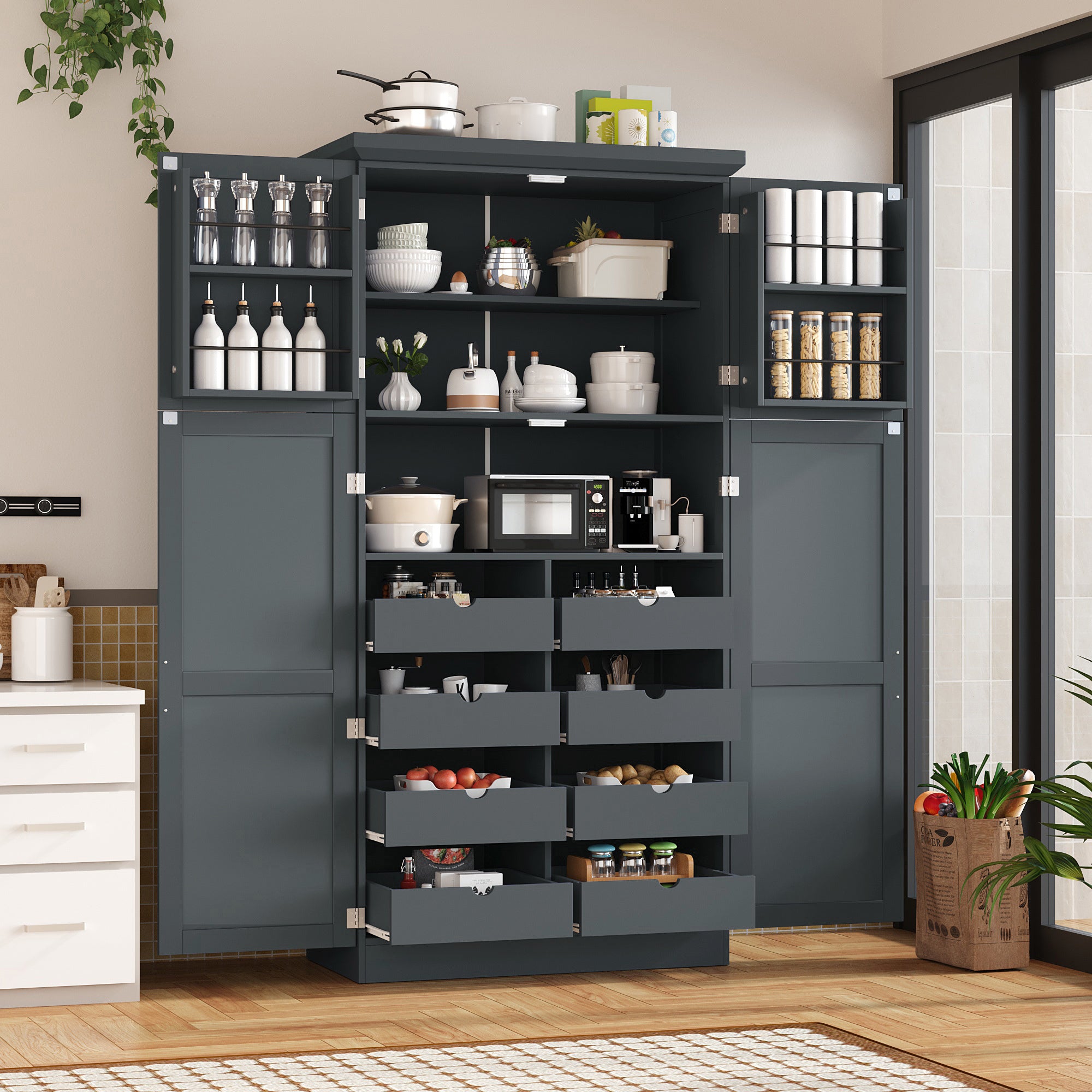 [Assembly Video Provided] TOPMAX 35.5x17.6x70.9inch Freestanding Kitchen Pantry Cabinet, Tall Storage Cabinet with 4 Doors, 2 Door Shelves, 8 Pull-out Trays and Adjustable Shelf for Dining Room, Gray - Grand Goldman Shop