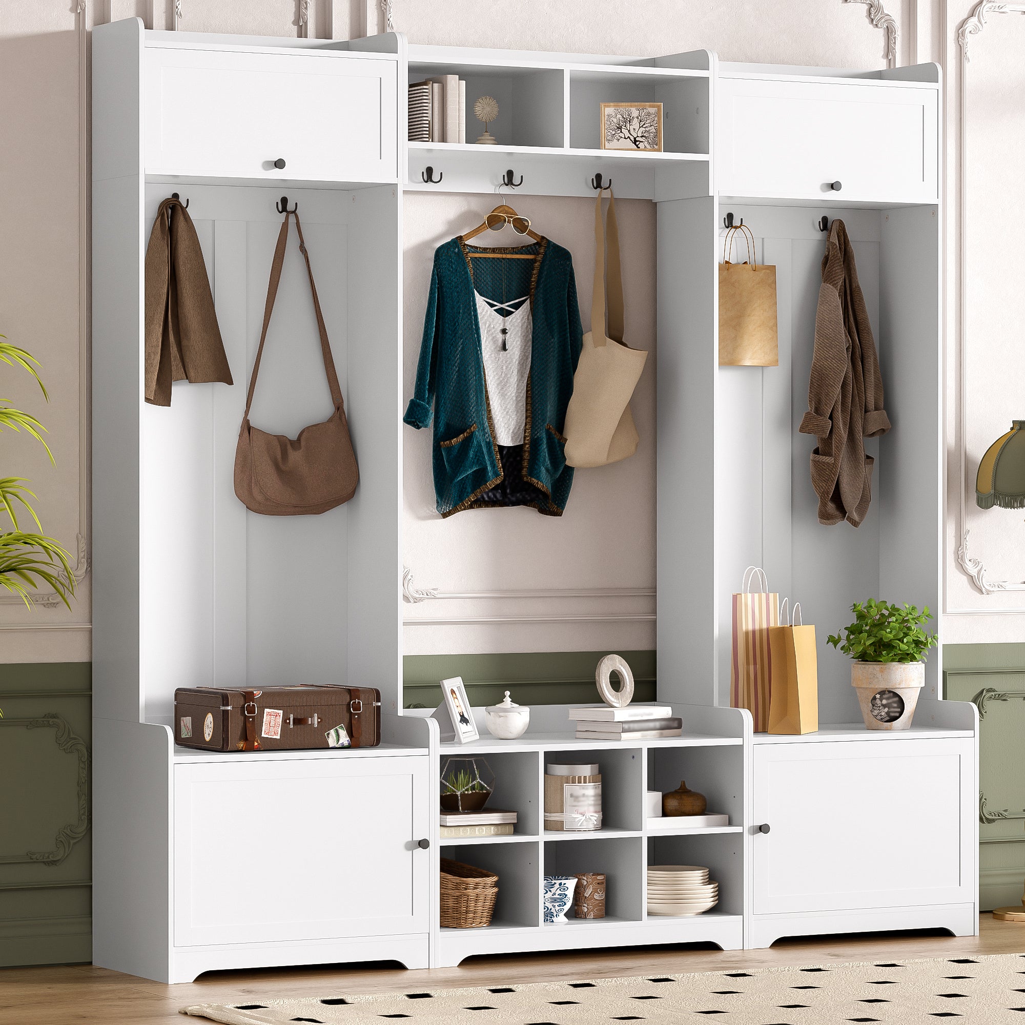 VIBE HAUS 79.1''Wide Modern Hall Tree with Shoe Storage, 4-in-1 Entryway Bench with 8 Cubbies, 7 Coat Hooks & Adjustable Shelf for Hallway, living room, White - Grand Goldman Shop