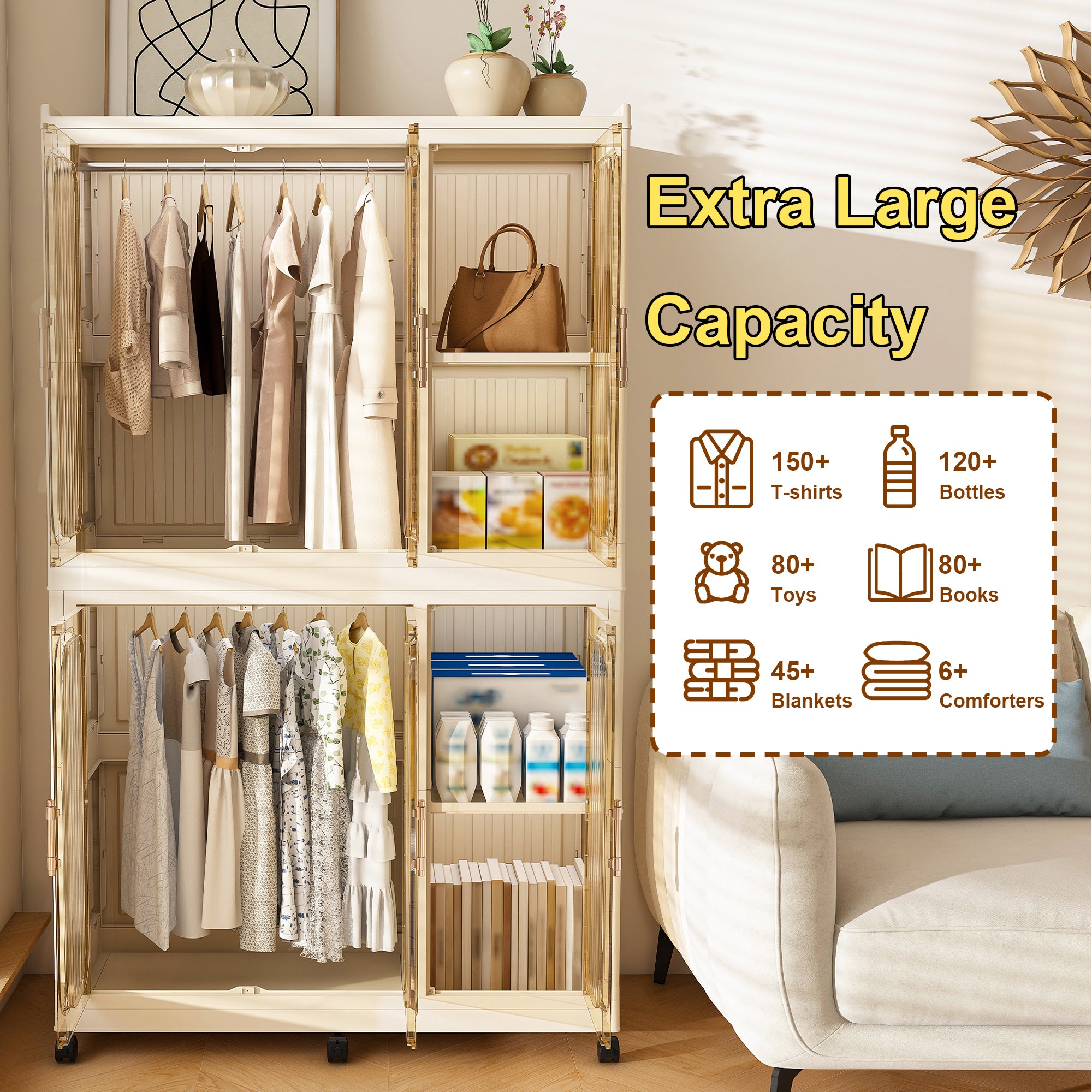 Portable Wardrobe Closet Storage Organizer for Clothes, 6 Magnetic Doors with 6 Cubes & 2 Hanging Rods, 6 Hangers, White, Child-Safe PP+ABS Material - Grand Goldman Shop