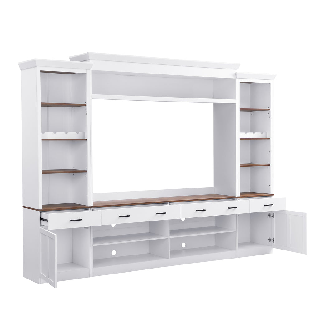 Farmhouse Entertainment Wall Unit with Bookshelf for TVs Up to 70', Walnut TV Stand with Adjustable Shelves, Mid-Century Media Console with Wine Rack for Living Room, White (NEW SKU: N721S000046K-2) - Grand Goldman Shop