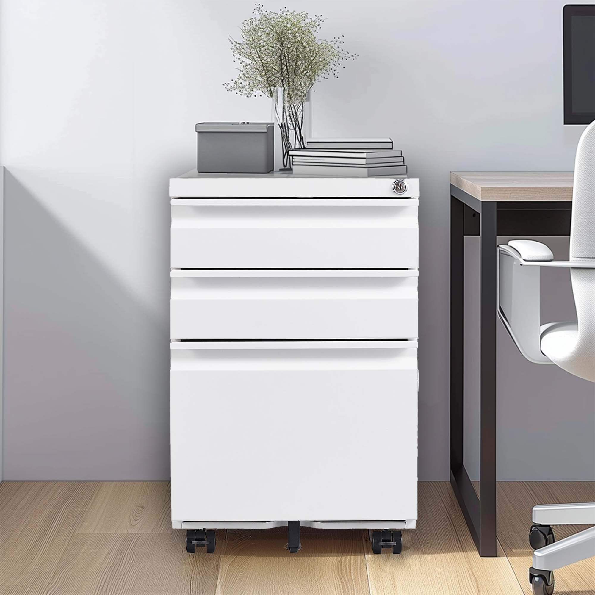 White Mobile 3-Drawer File Cabinet with Lock, Metal Organizer for Home Office, Fully Assembled | Premium Home Decor - Grand G