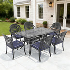 7-Piece Set Of Cast Aluminum Patio Furniture With Black Frame and Blue Seat Cushions