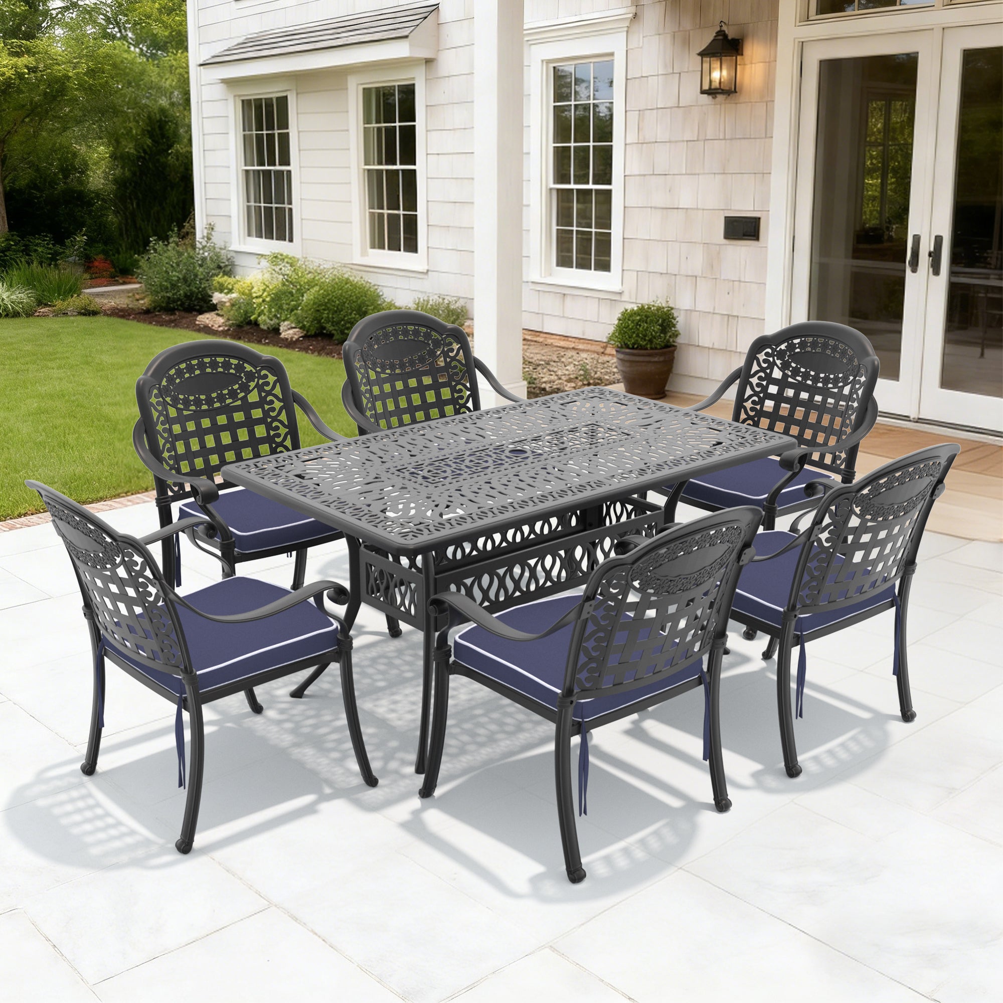 7-Piece Set Of Cast Aluminum Patio Furniture With Black Frame and Blue Seat Cushions