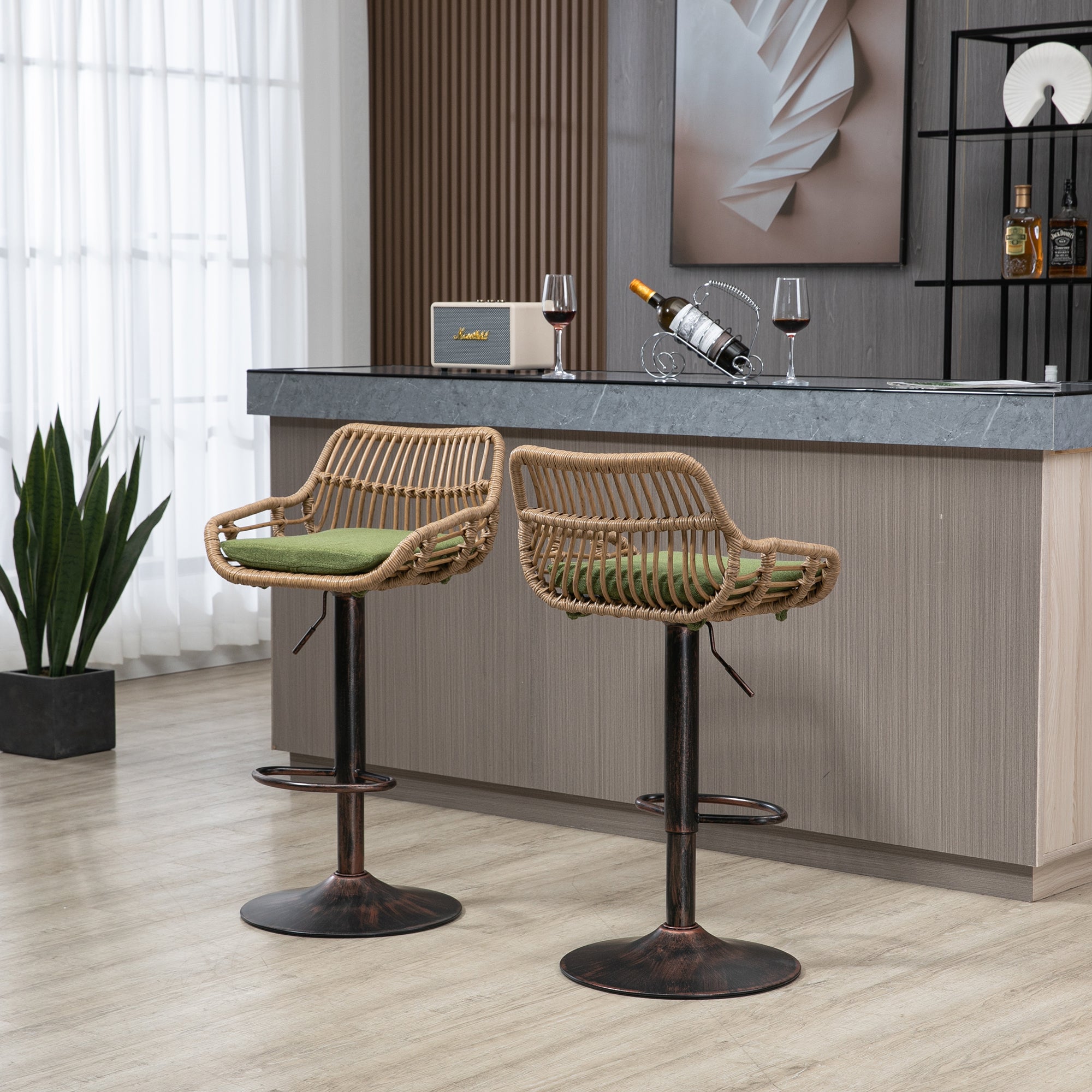COOLMORE Modern Swivel Bar Stools Set of 2 with Adjustable Height and Footrest in Green Linen - Grand Goldman Shop