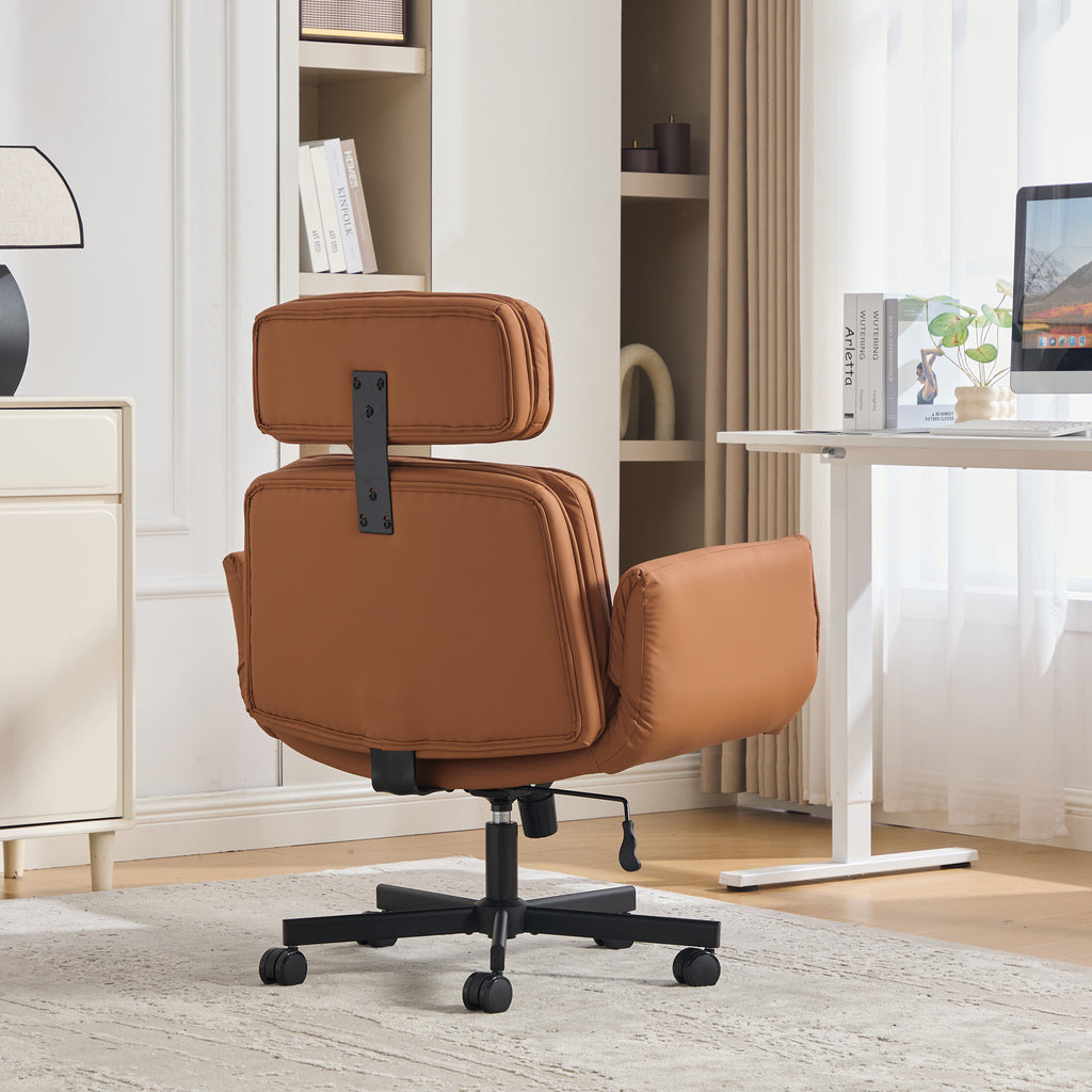 Criss Cross Chair with Adjustable Armrests & Wheels & Headrest, PU Lounge Vanity Desk Chair with Wide Seat for Cross-Legged S