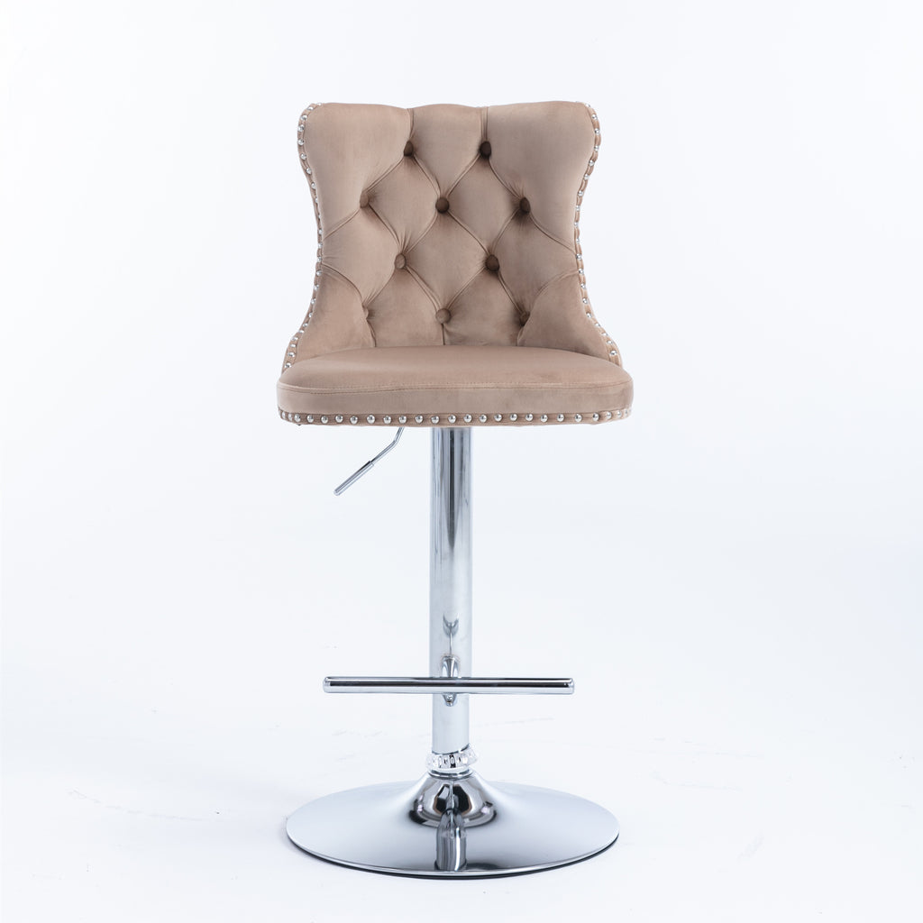 A&A Furniture,Swivel Velvet Barstools Adjusatble Seat Height from 25-33 Inch, Modern Upholstered Chrome base Bar Stools with Backs Comfortable Tufted for Home Pub and Kitchen Island（Khaki,Set of 2） - Grand Goldman Shop