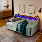 Beige Linen Upholstered Twin Sofa Bed with LED Lights, Wireless Charging, Adjustable Headboard Storage & Foldable Trundle, 80.5''x46''x34'' - Grand Goldman Shop