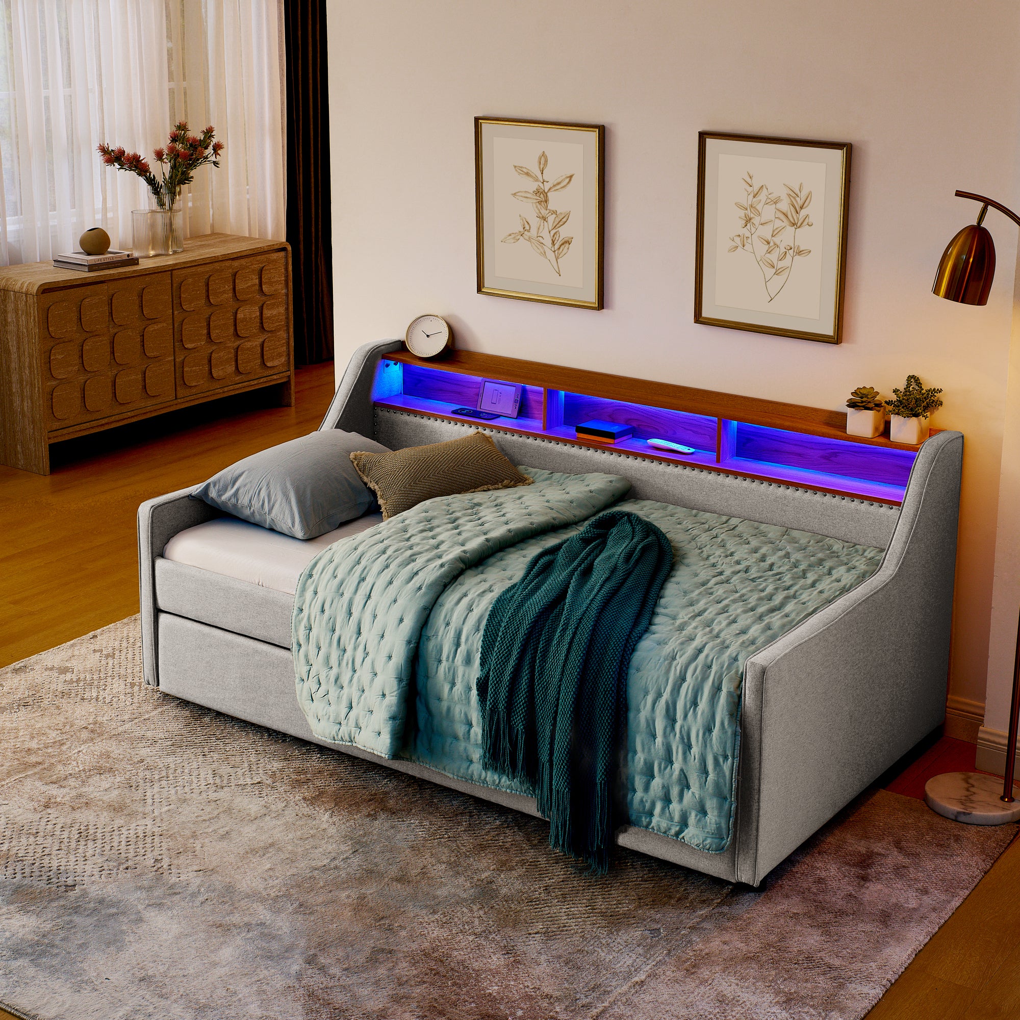 Beige Linen Upholstered Twin Sofa Bed with LED Lights, Wireless Charging, Adjustable Headboard Storage & Foldable Trundle, 80.5''x46''x34'' - Grand Goldman Shop