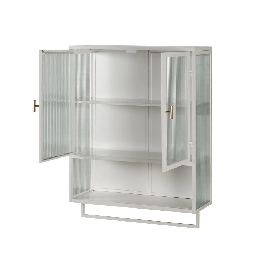 23.62'Glass Doors Modern Two-door Wall Cabinet with Featuring Two-tier Enclosed Storage, an Open Shelf, and Towel Rack, for Entryway Living Room Bathroom Dining Room - Grand Goldman Shop