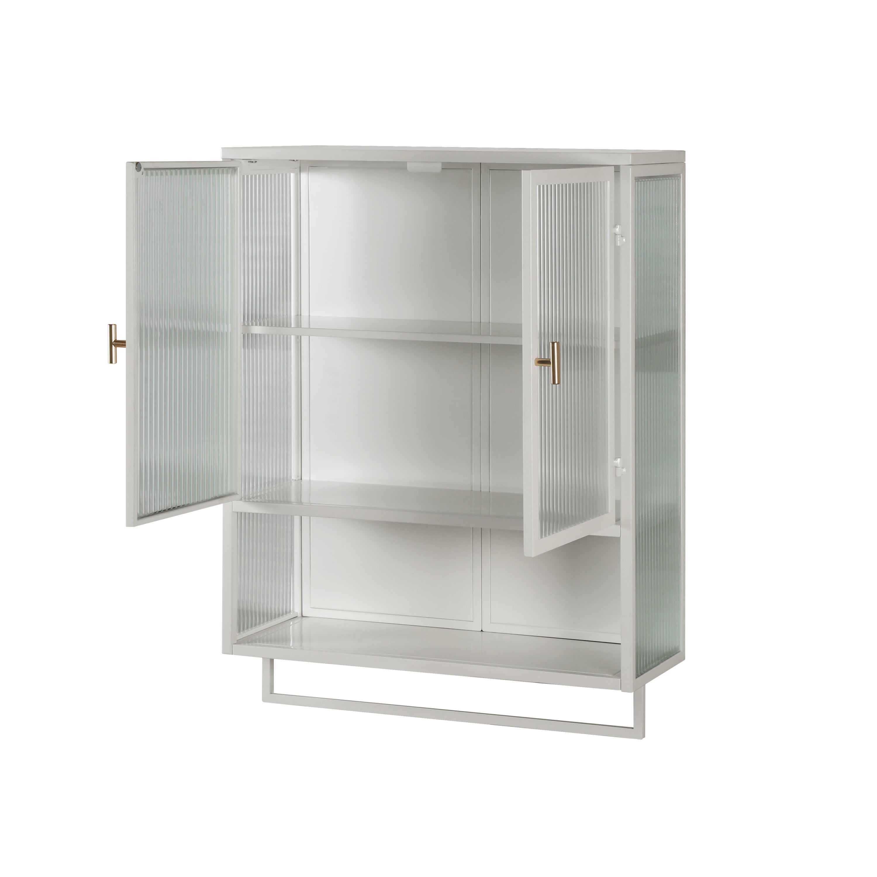 23.62'Glass Doors Modern Two-door Wall Cabinet with Featuring Two-tier Enclosed Storage, an Open Shelf, and Towel Rack, for Entryway Living Room Bathroom Dining Room - Grand Goldman Shop